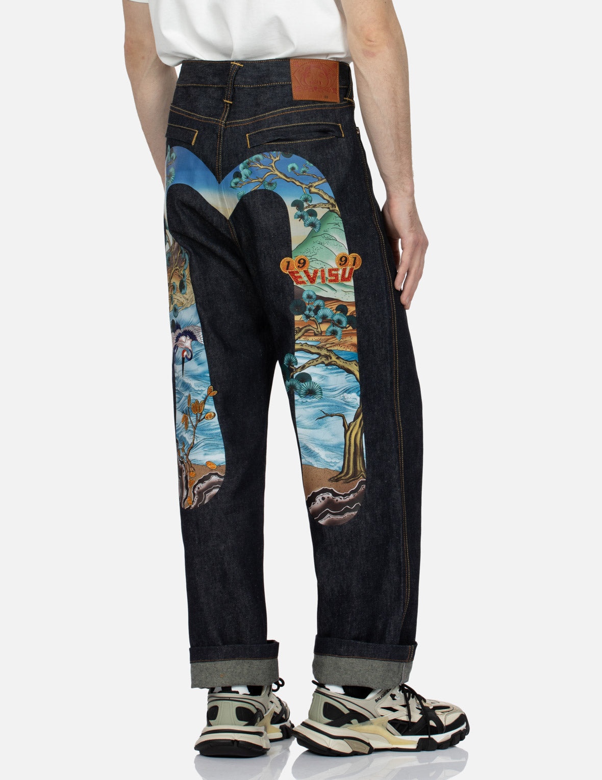 Pine-pattern Daicock Print with Crane and Logo Embroidery Wide Leg Jeans - 7