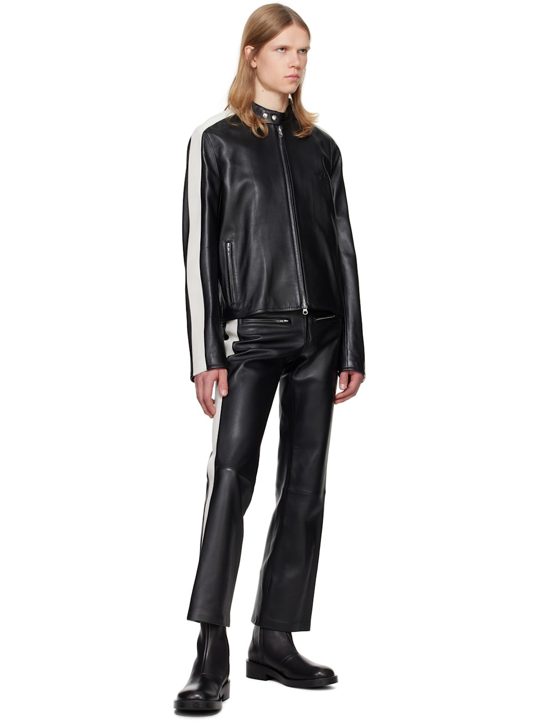 Black & White Contrast Band Biker Leather Pants - 4