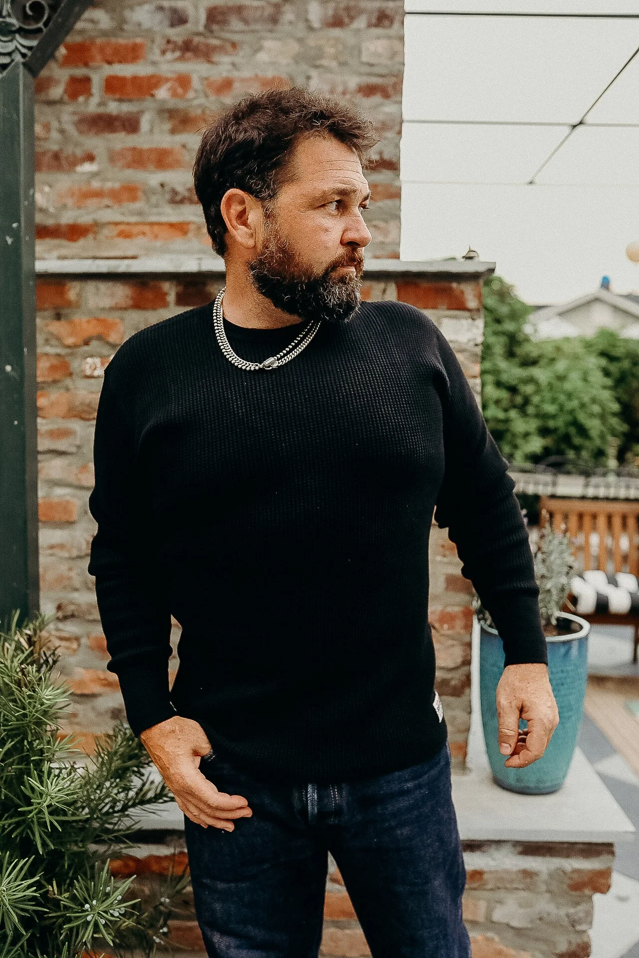 IHTL-1301-BLK 1301 WAFFLE KNIT LONG SLEEVED CREW NECK THERMAL TOP - BLACK - 1