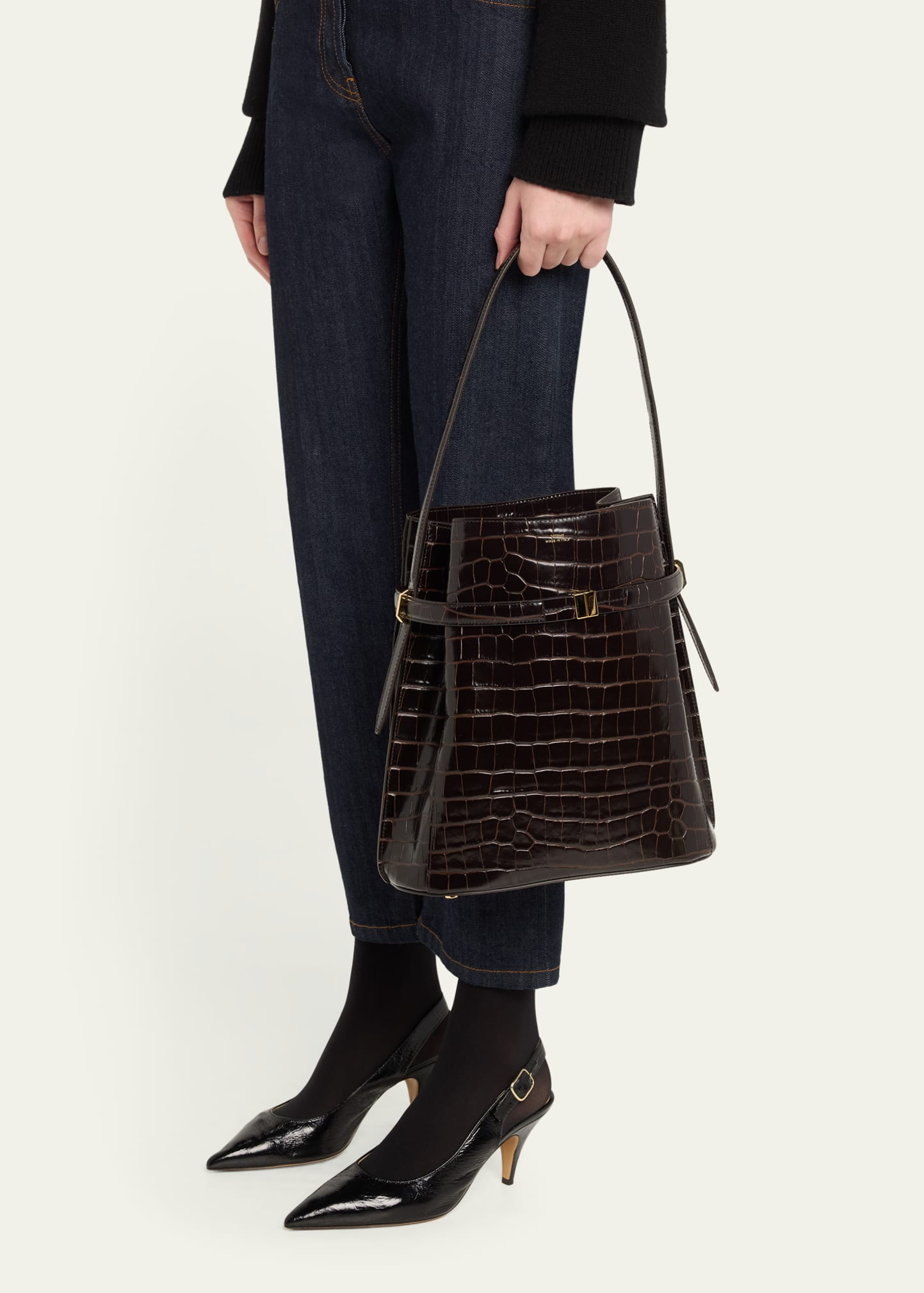 Belted Croc-Embossed Leather Bucket Bag - 2