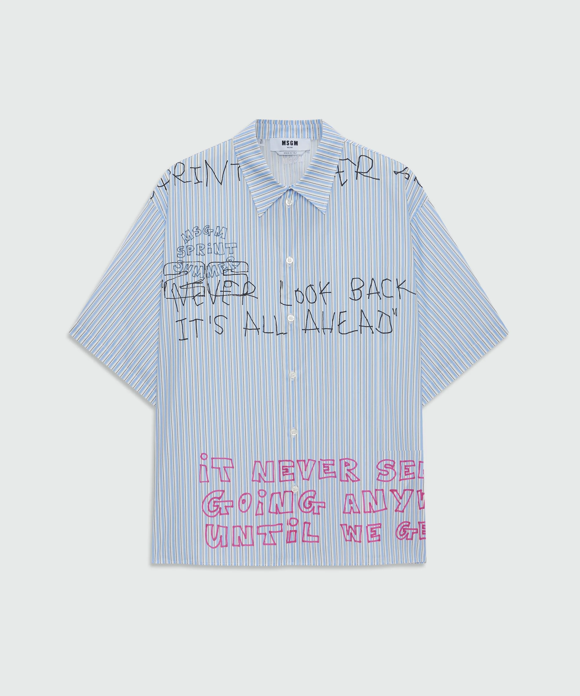 Light blue striped cotton poplin short-sleeve shirt with placed print - 1