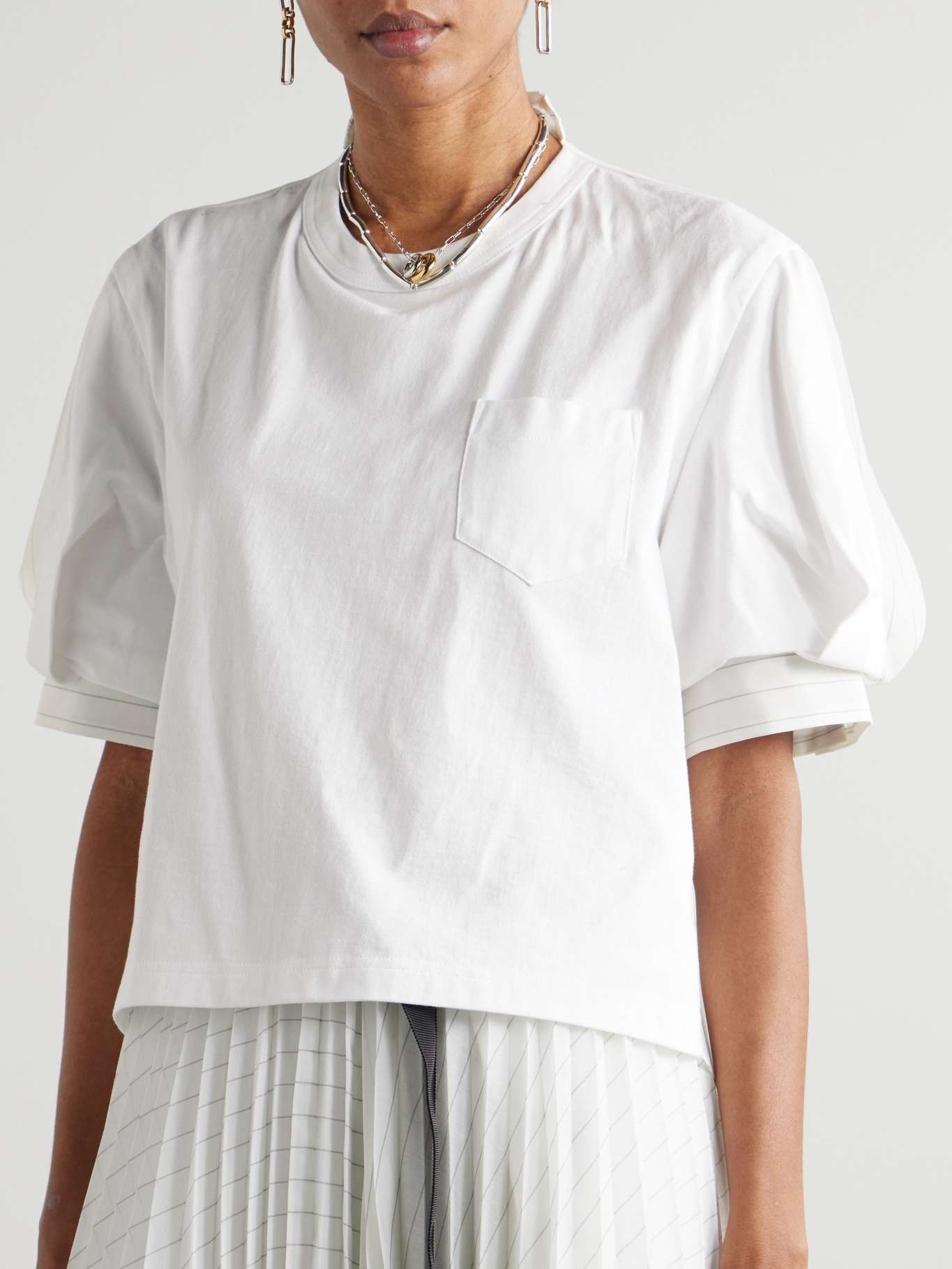Cotton-jersey and striped voile top Off-white - 3