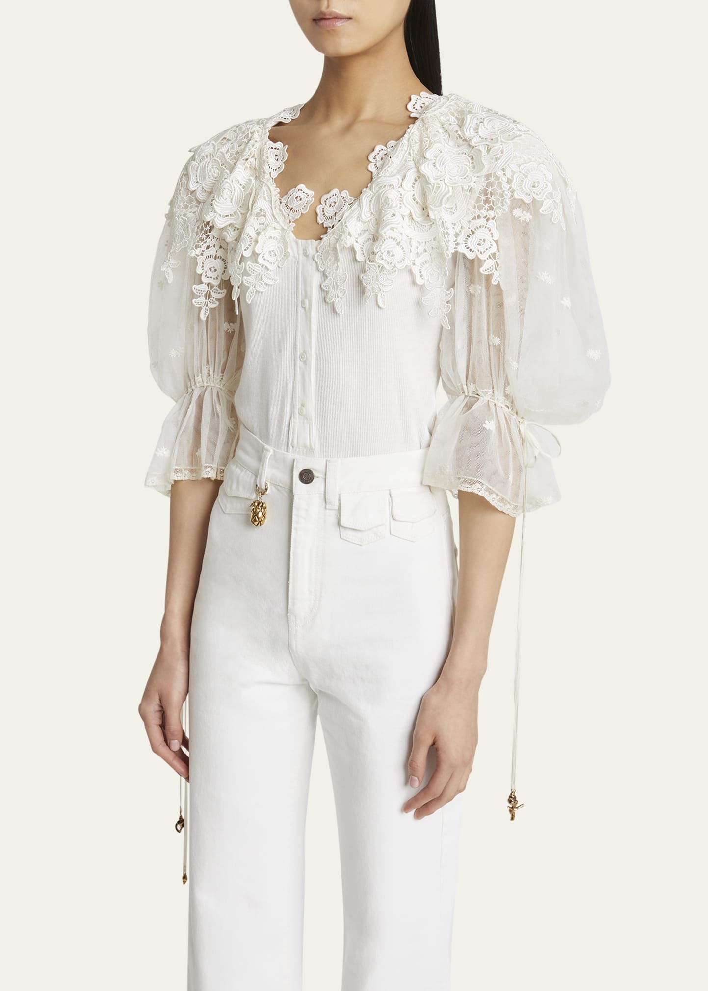 Puff-Sleeve Guipure Lace Bodysuit - 4