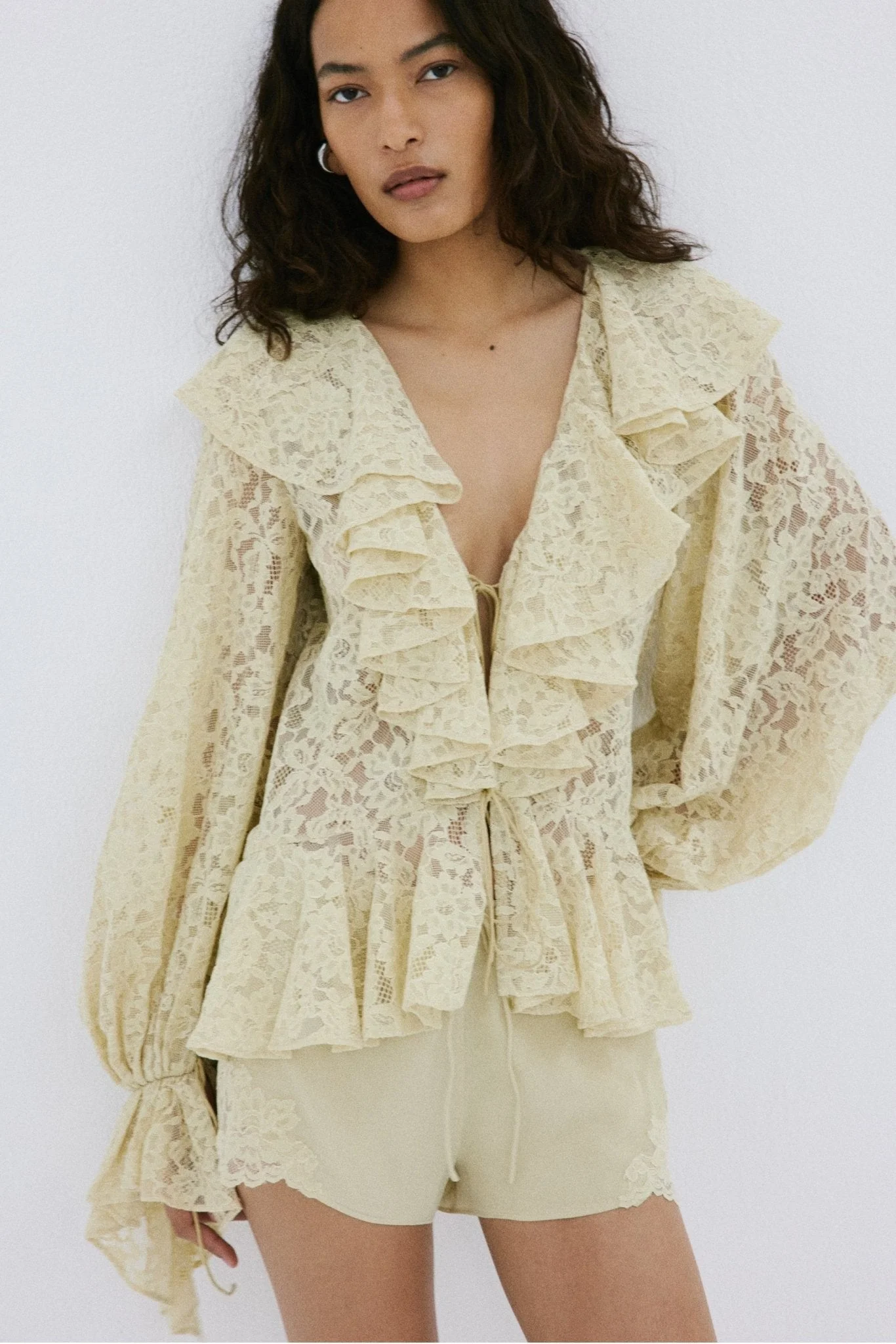MIJA TOP IN ANTIQUE YELLOW NYLON LACE - 1