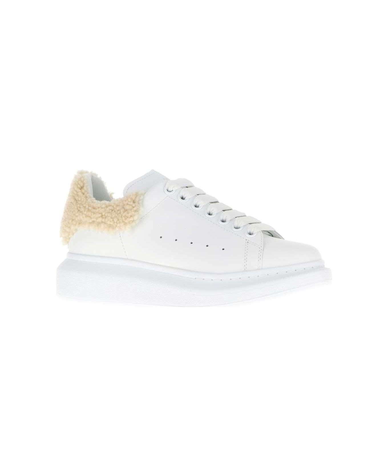 White Leather Sneakers With Beige Shearling Heel - 2