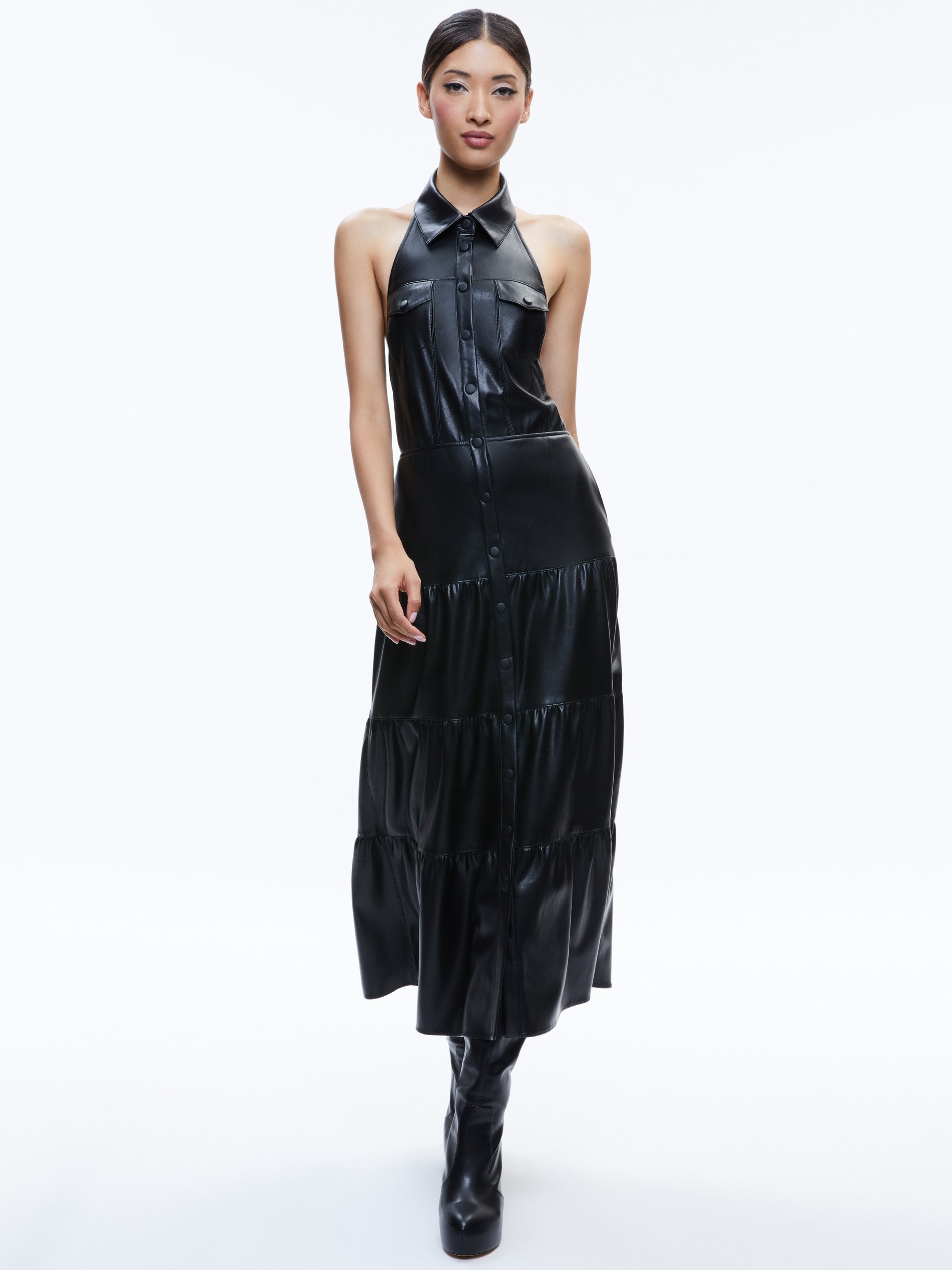 Alice + Olivia MIRANDA VEGAN HALTER NECK TIERED MIDI DRESS -  CC403J16507A001 | REVERSIBLE