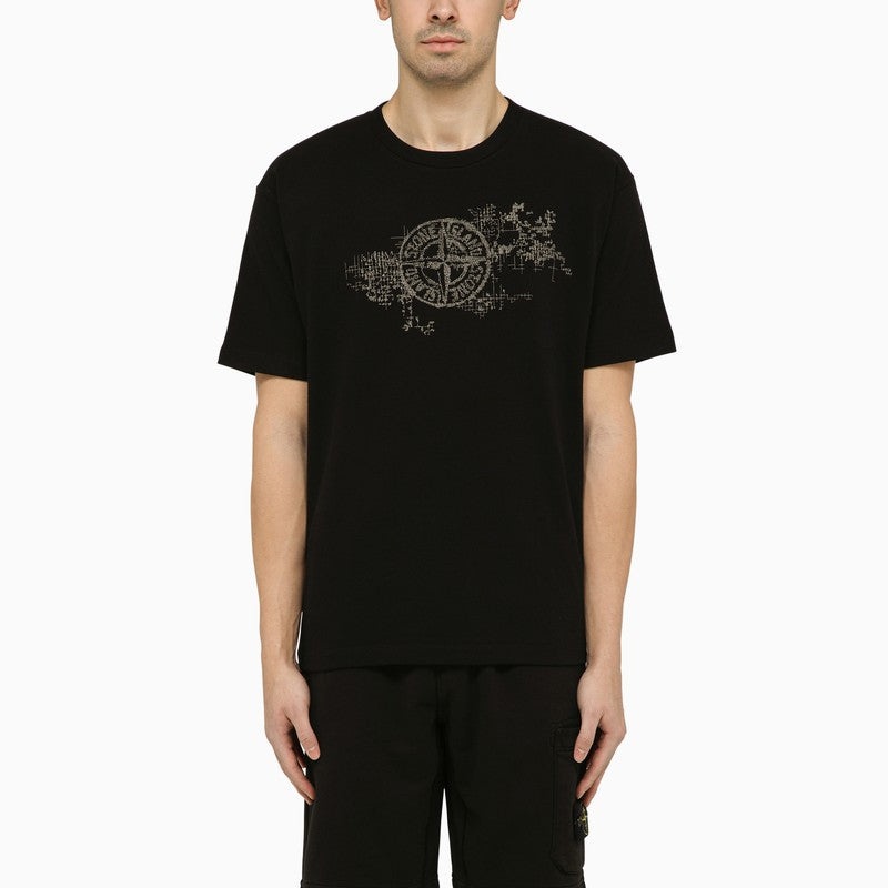 Stone Island Black T-Shirt With Stamp One Logo Print Men - 1