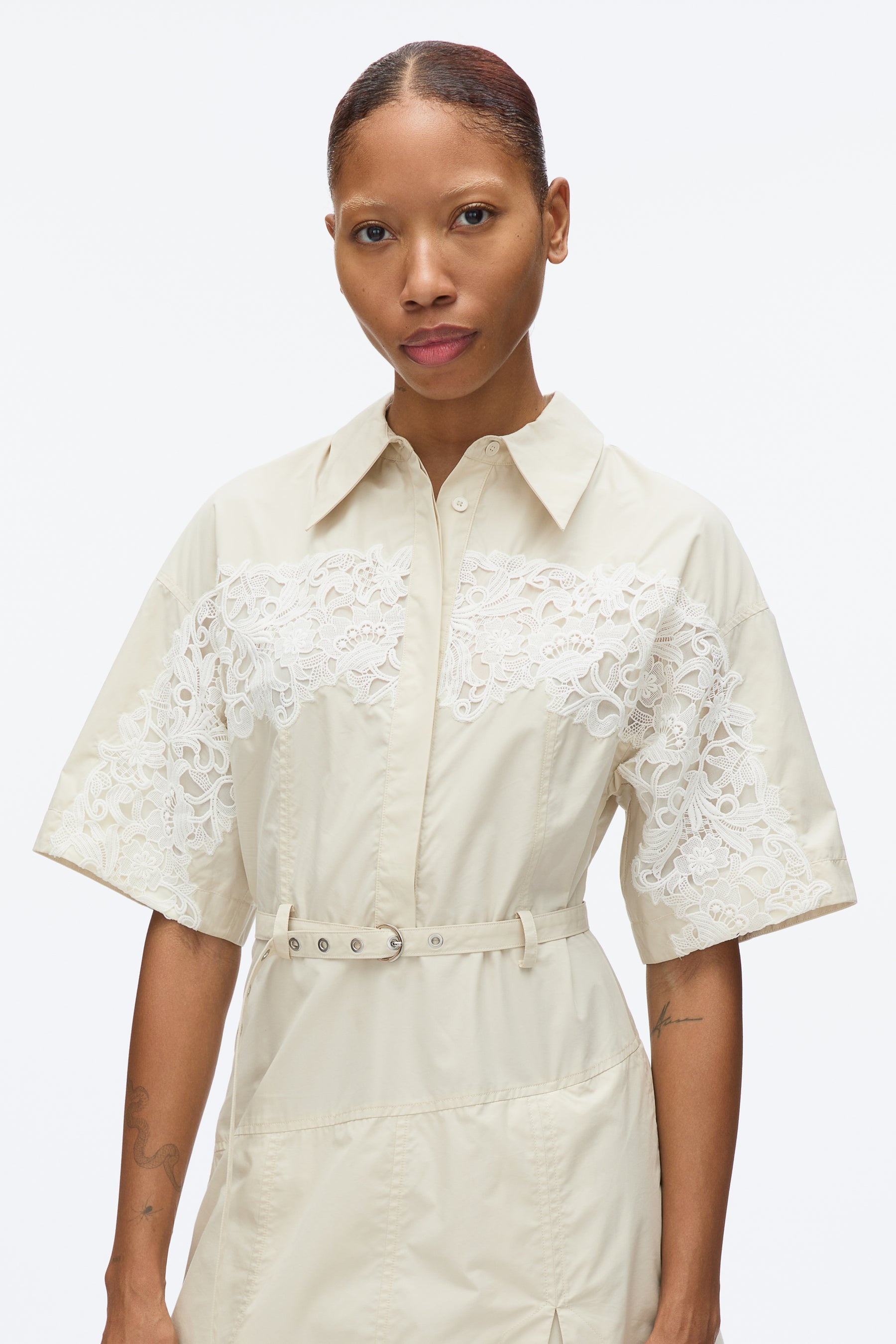 Cascade Hem Shirt Dress with Lace - 4