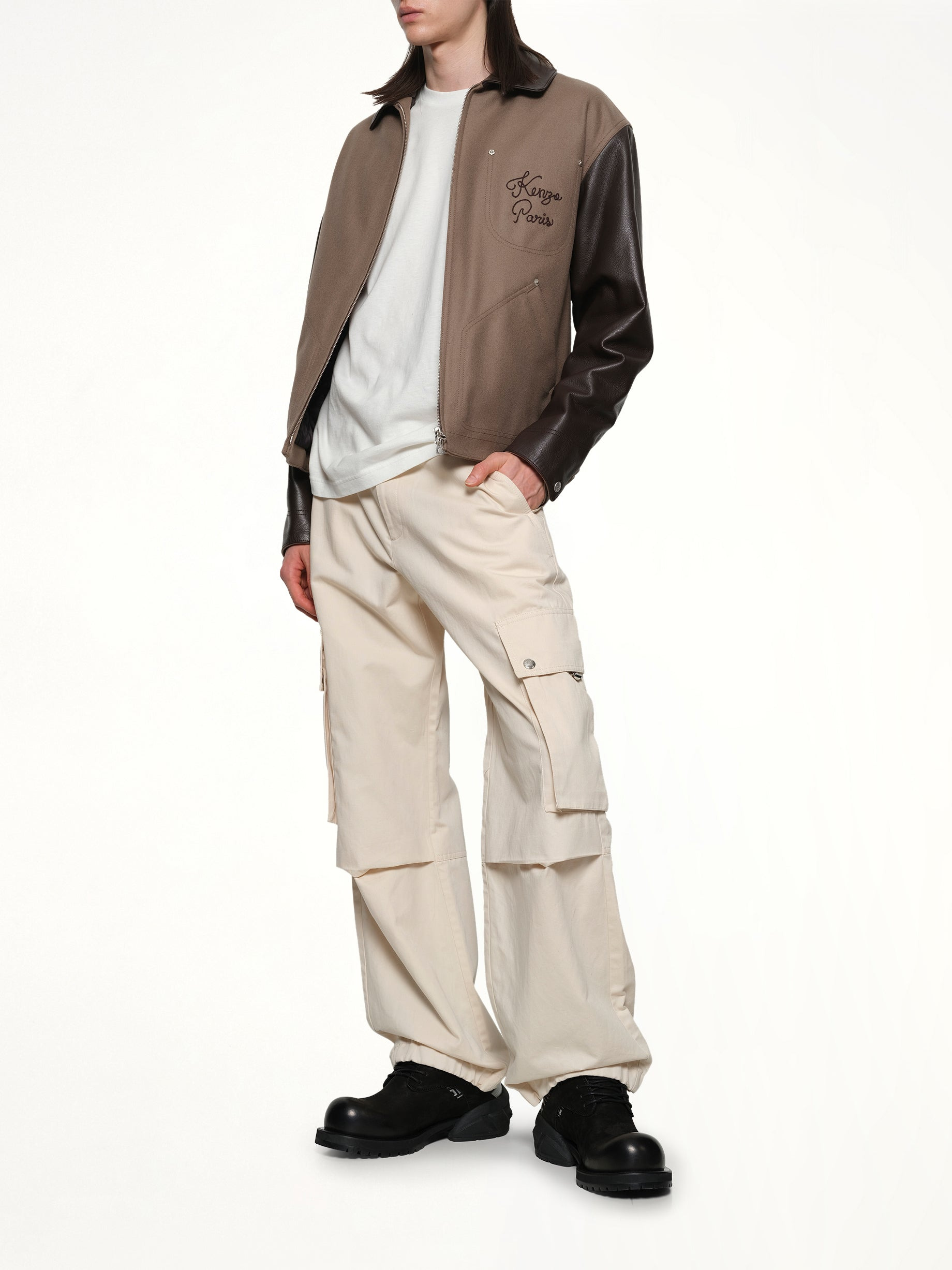 Kenzo Paris Chainstitch Leather Wool Blouson in Taupe - 4