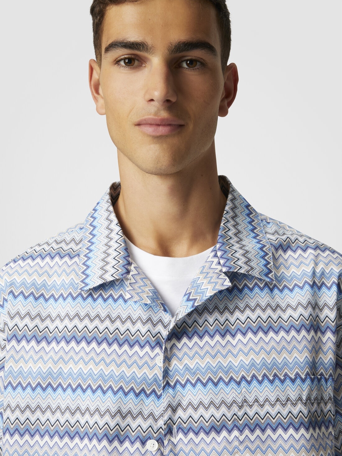 Zig zag cotton poplin bowling shirt with breast pocket - 5