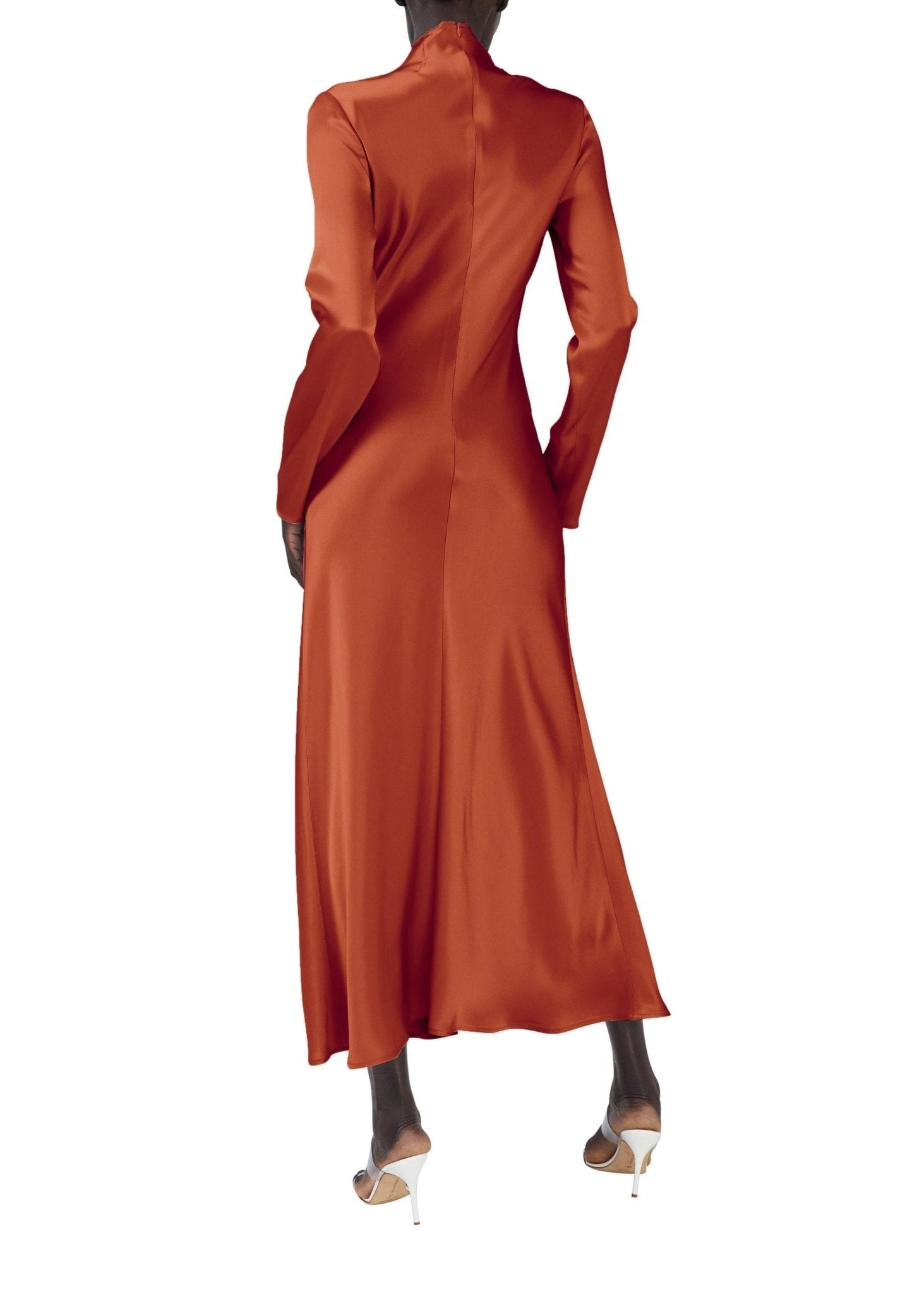 Satin Draped Neck Bias Dress With Slit - 2