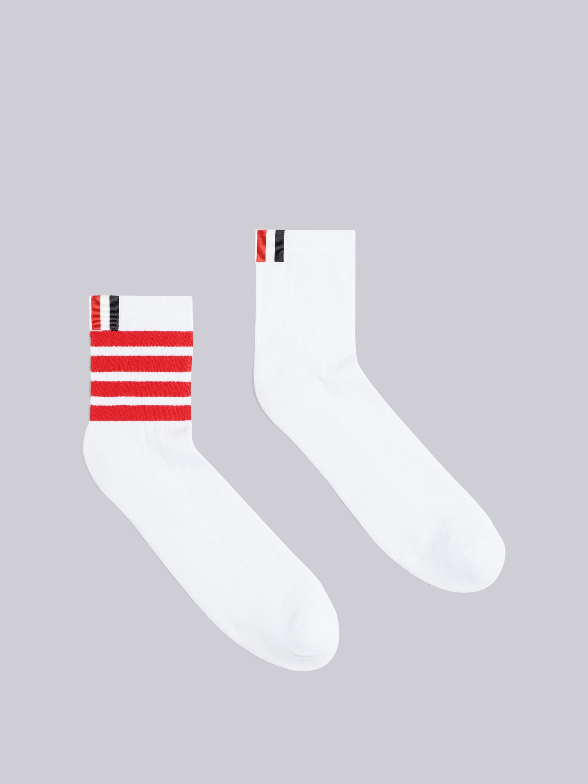 White Cotton Ankle Red 4-Bar Socks - 1