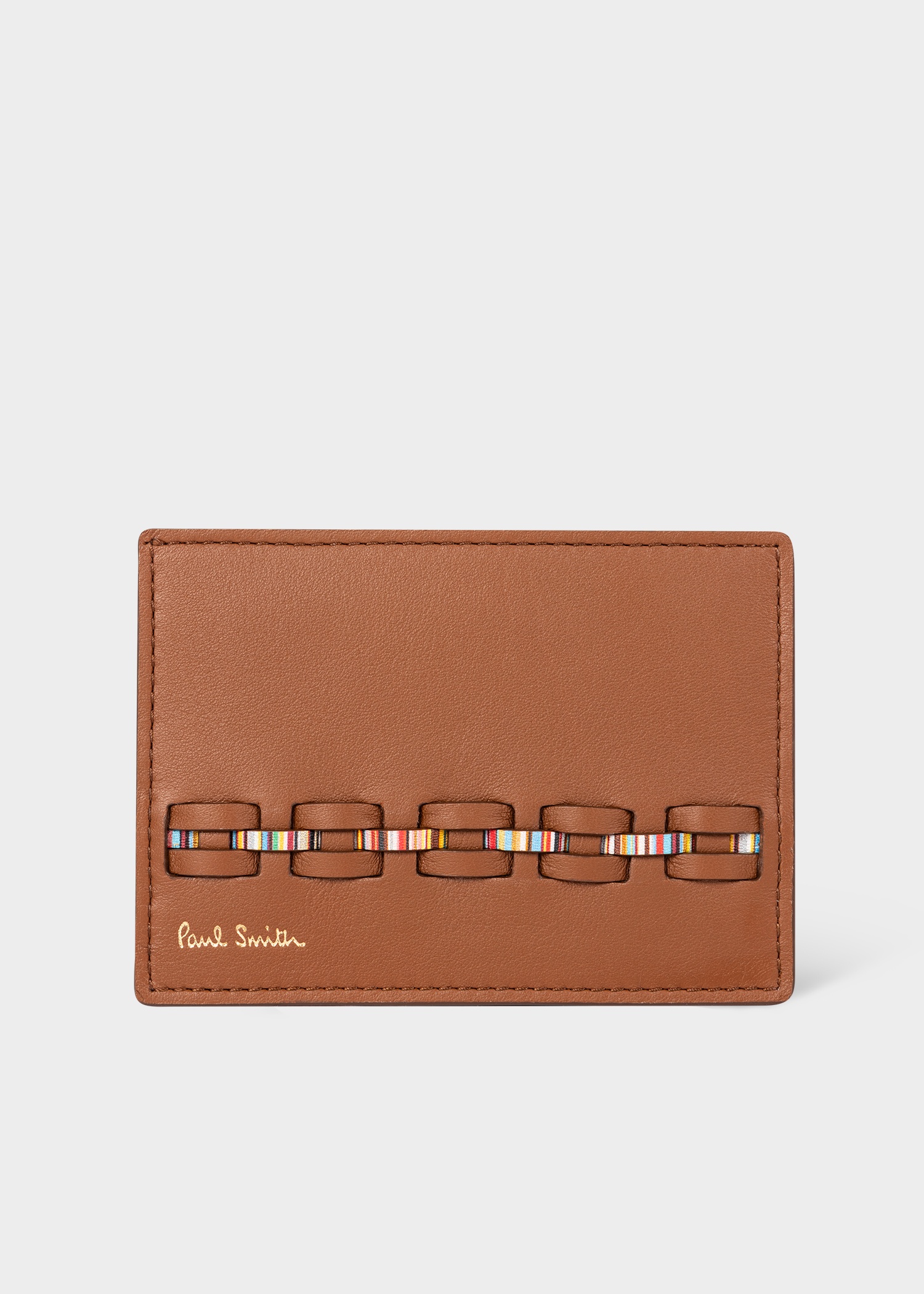 Tan Brown Woven Front Calf Leather Credit Card Holder - 1