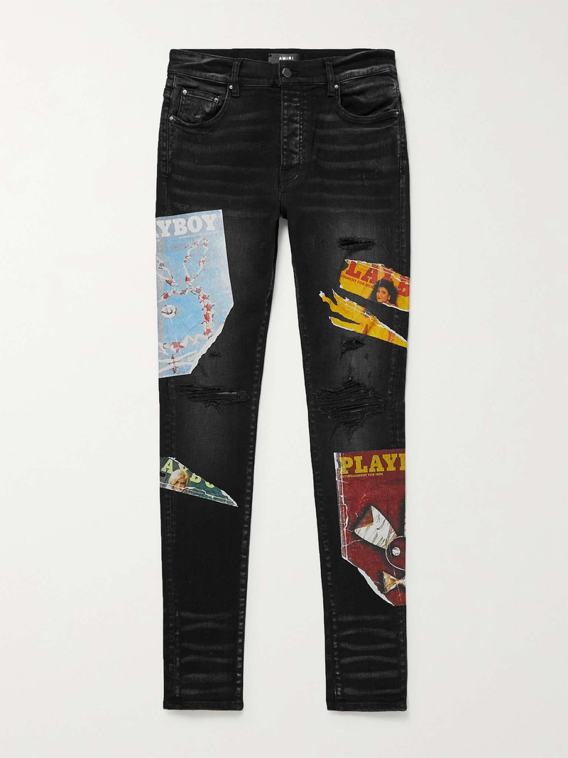 스키니 Fit Distressed 인쇄 된 청바지 - 1