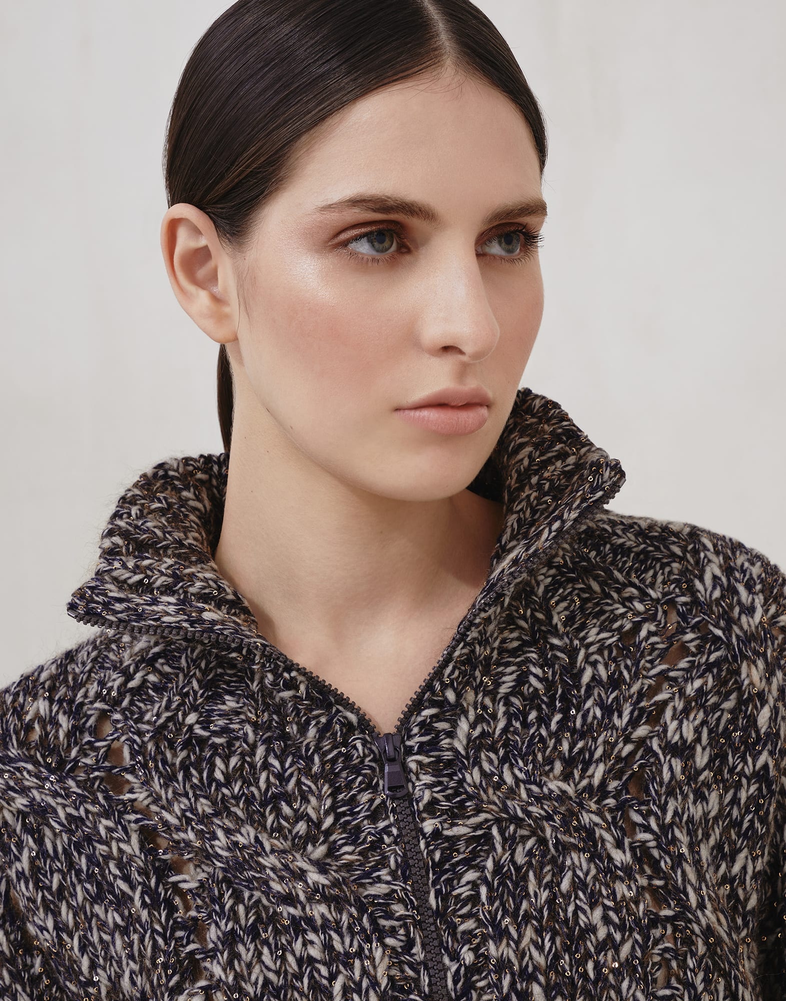 Dazzling chiné cable knit cardigan in soft wool, cashmere and mohair with zipper - 3