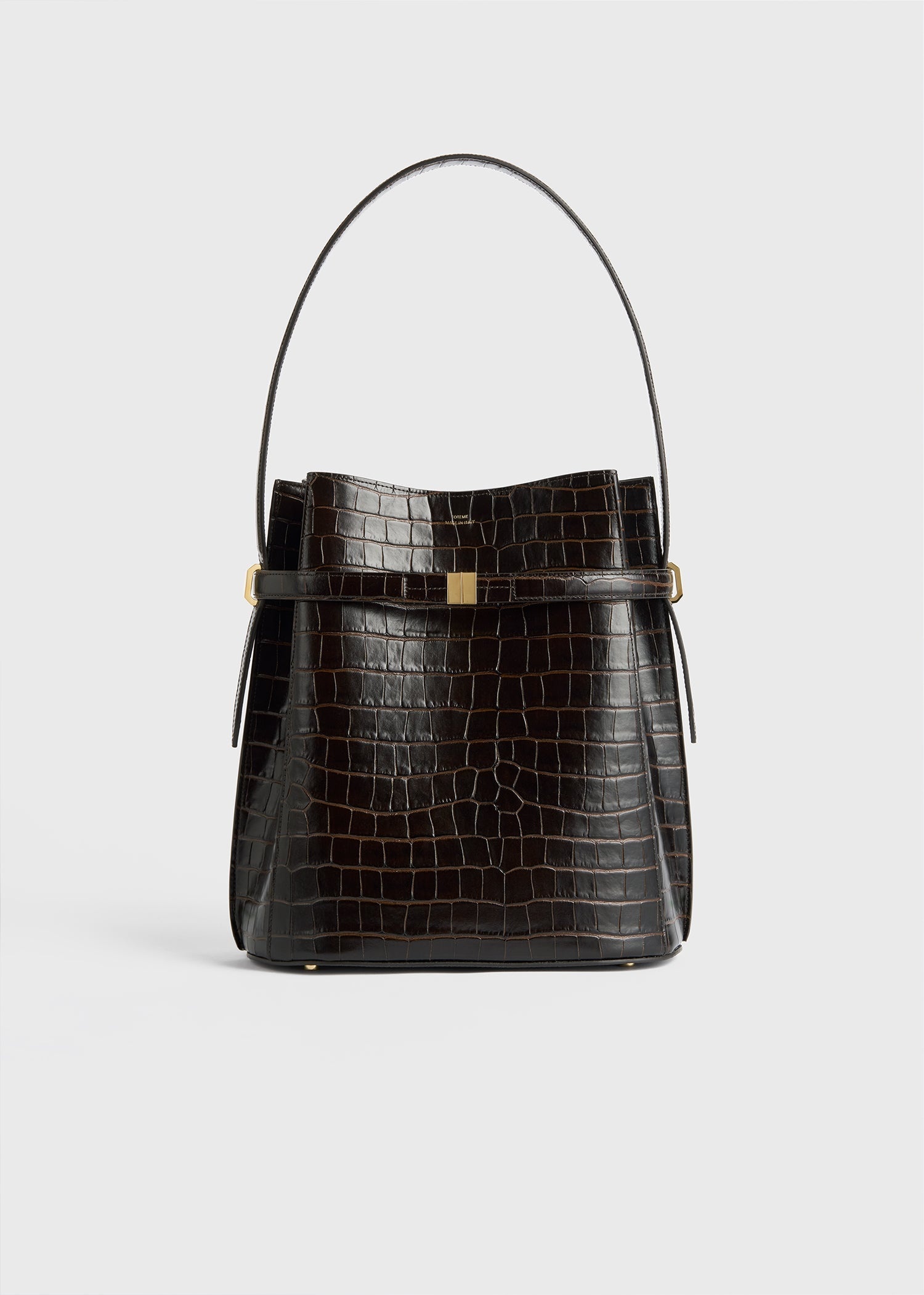 Belted croco-embossed bucket bag dark brown - 8