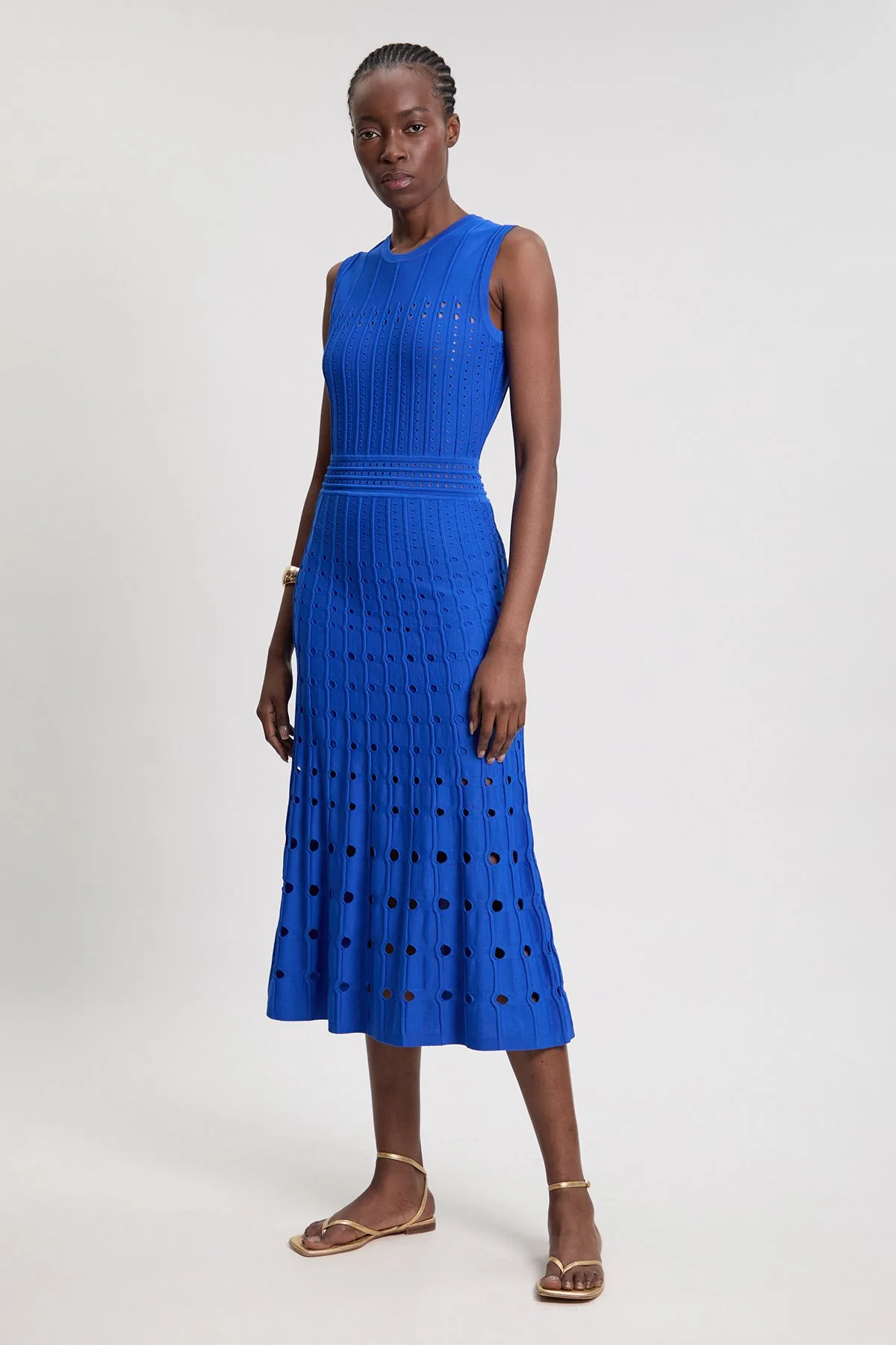 karen millen blue knit dress Light Blue KarenMillen Viscose Blend Maxi Knit Dress With Chiffon Sleeve  Military Trim