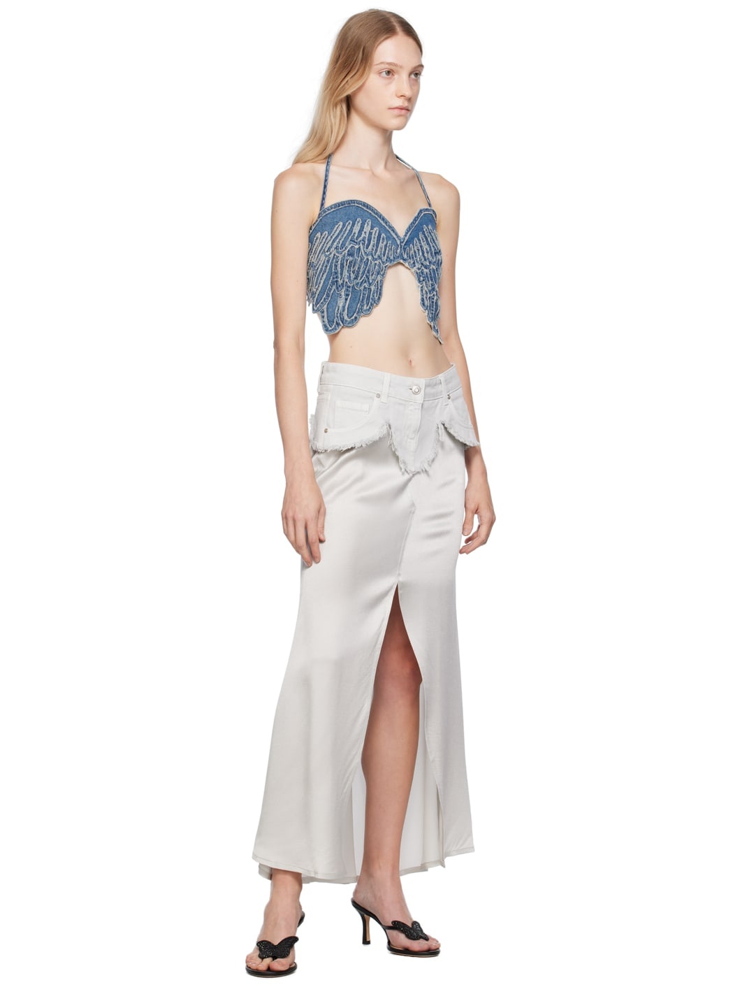 Blumarine Gray Layered Denim Maxi Skirt | REVERSIBLE