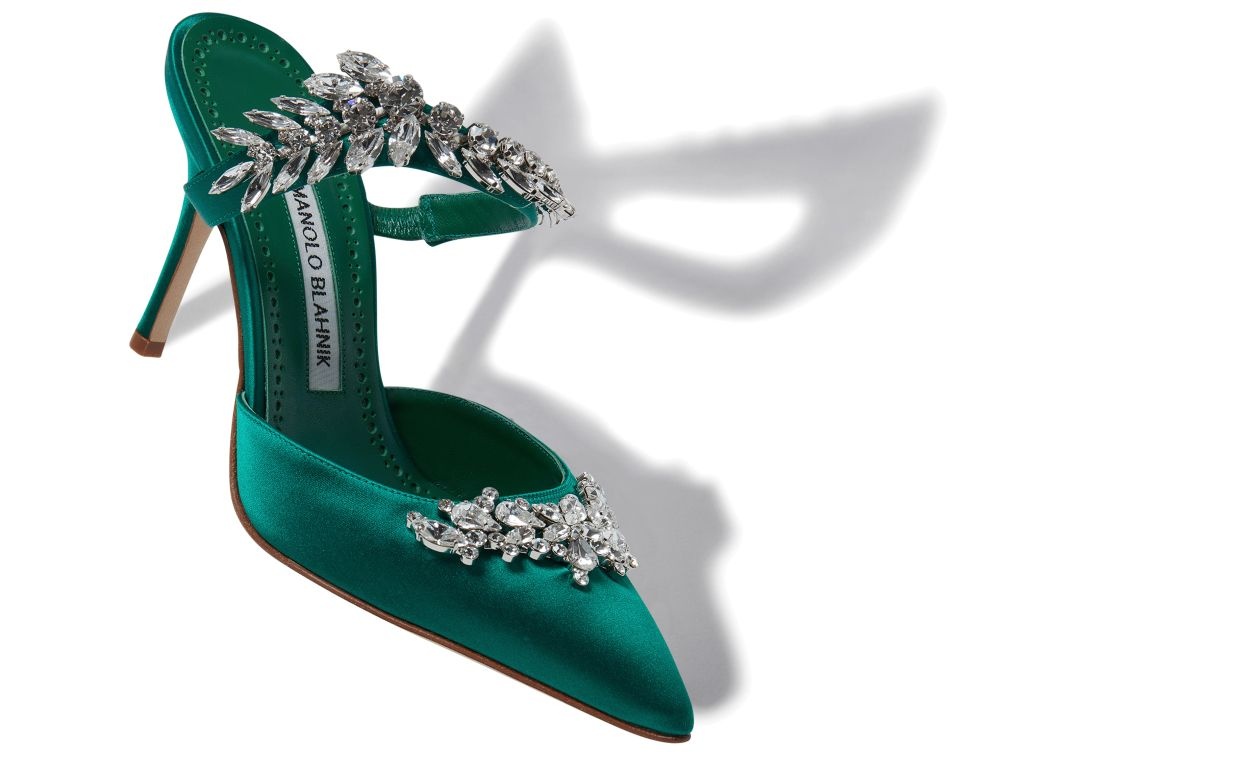 Green Satin Crystal Embellished Mules - 2