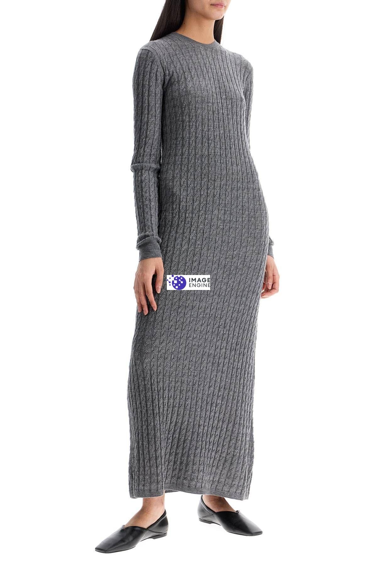 SS25【TOTEME】Long Dress in RWS Wool Melange with Cable Knit Totême LONG DRESS IN RWS WOOL GRAY MÉLANGE WITH CABLE KNIT
