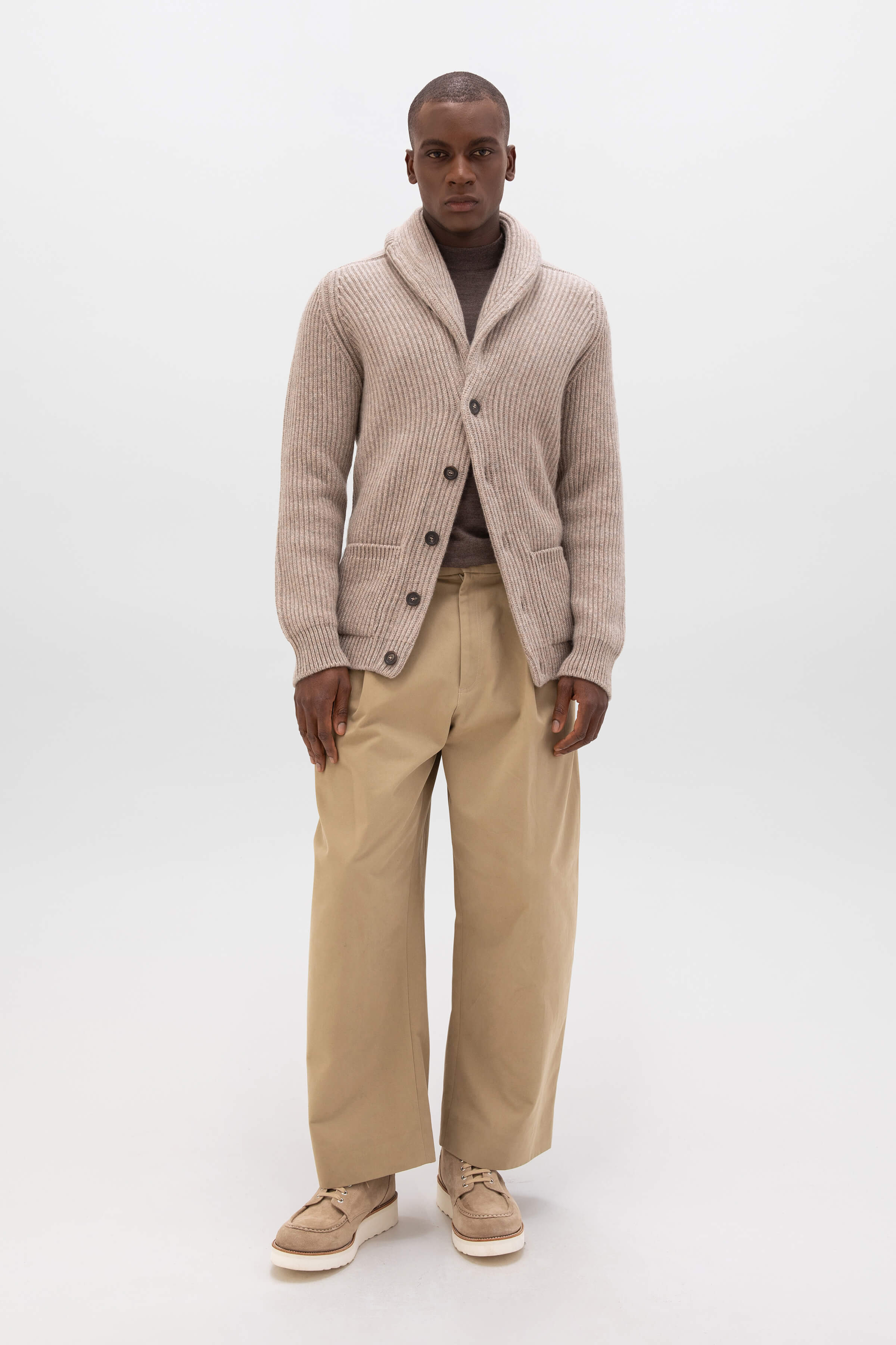 Ribbed Shawl Collar Cashmere Cardigan - 4