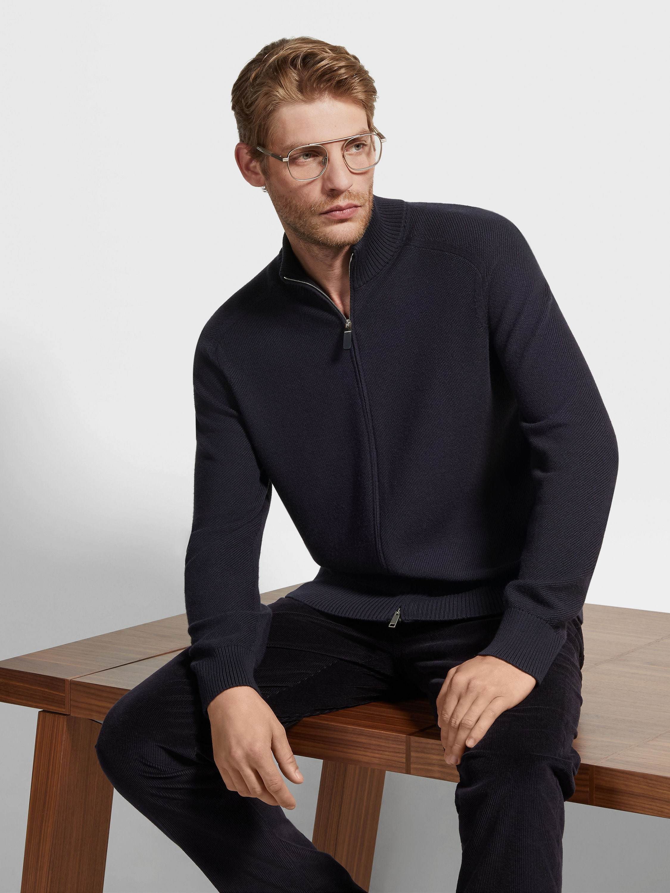 NAVY BLUE MÉLANGE CASHSETA FULL ZIP CARDIGAN - 3