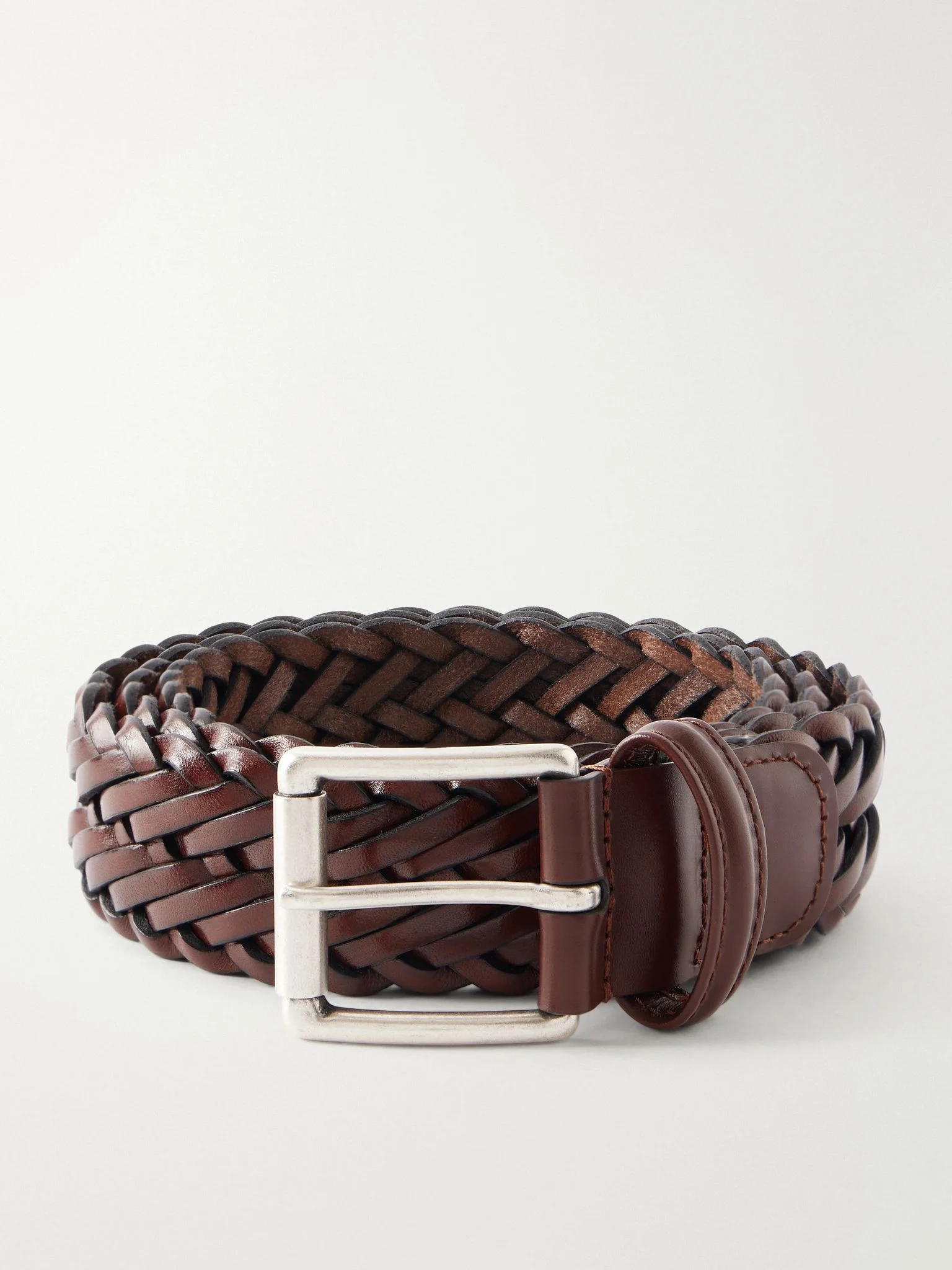3.5cm Woven Leather Belt Brown - 1