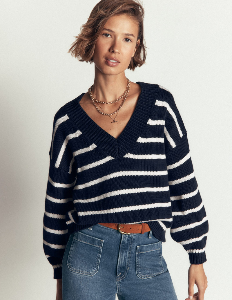 Lucy Cotton V-neck Sweater-Navy, Ivory 4