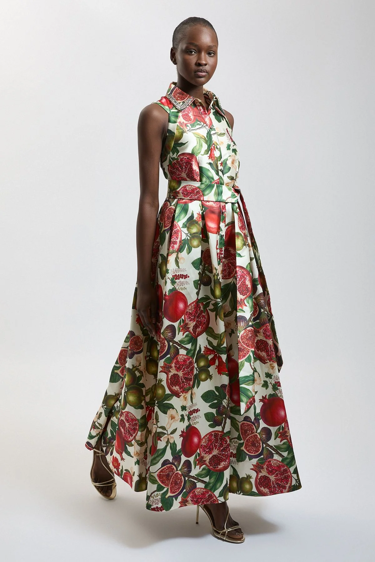 Petite Fruit Print Embellished Collar Twill Midi Dress - 1