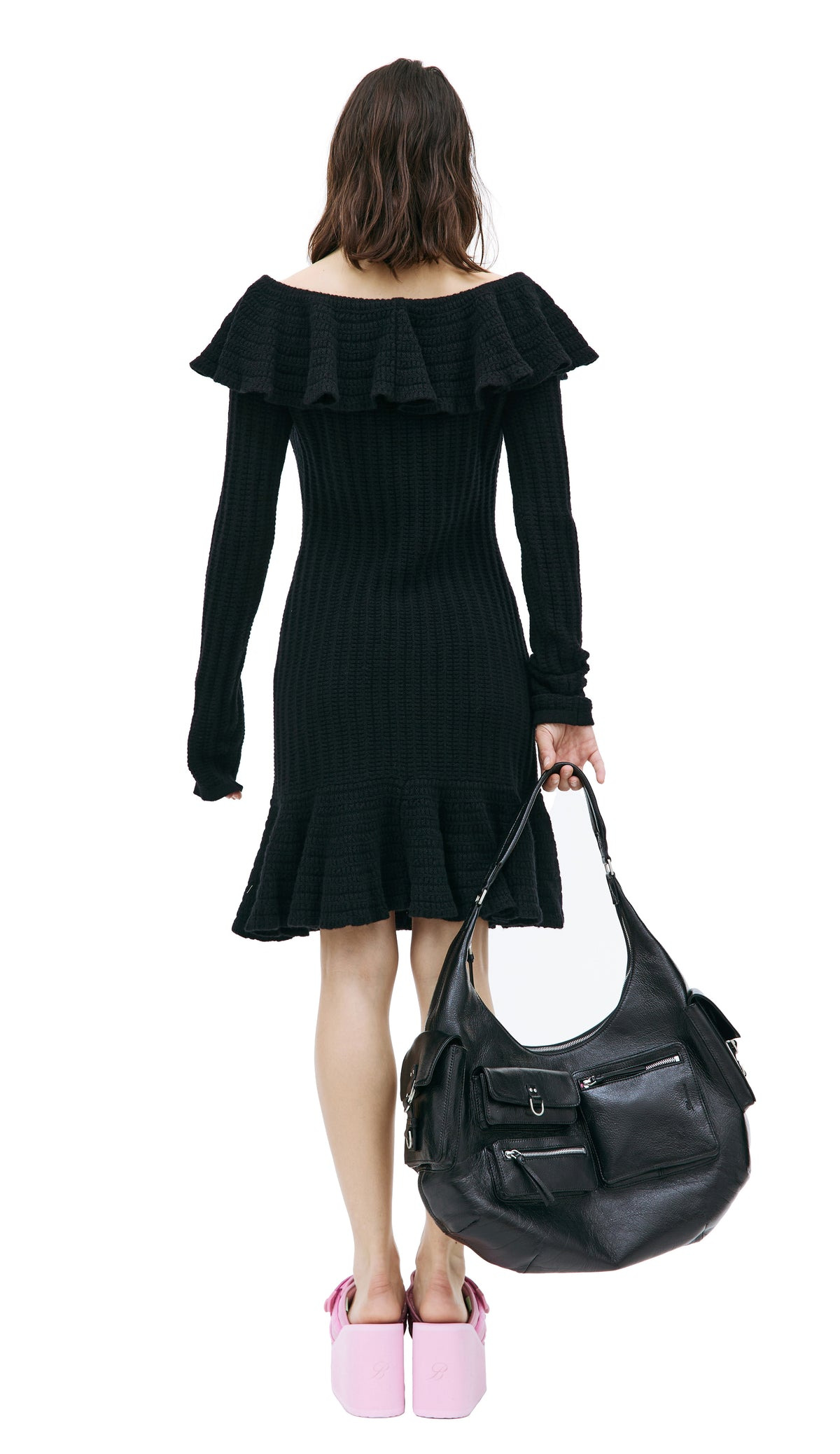 KNITTED OPEN SHOULDER MIDI DRESS (BLACK) - 3