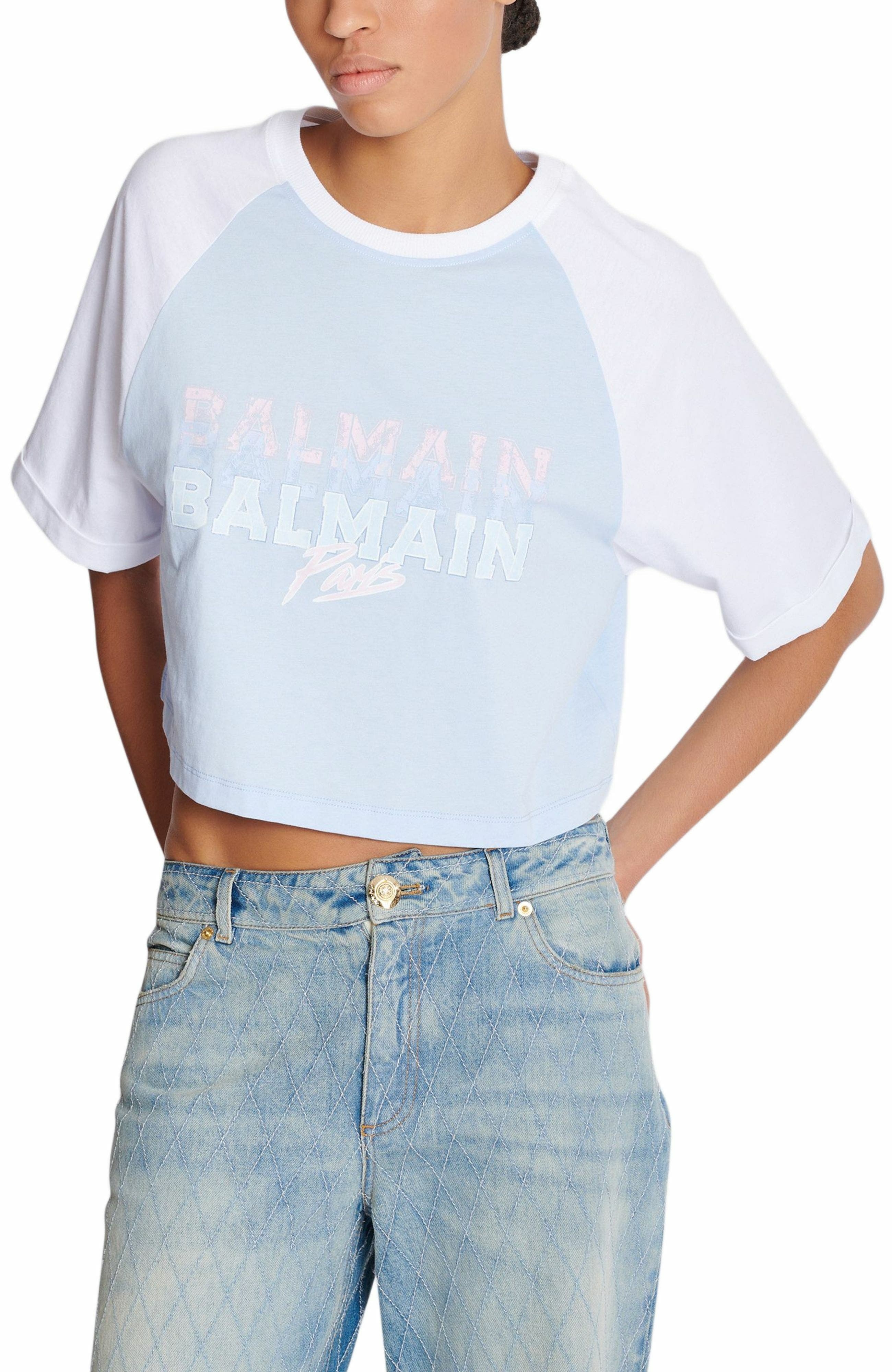 Cropped T-shirt with Balmain Paris print in Blue at Nordstrom - 4