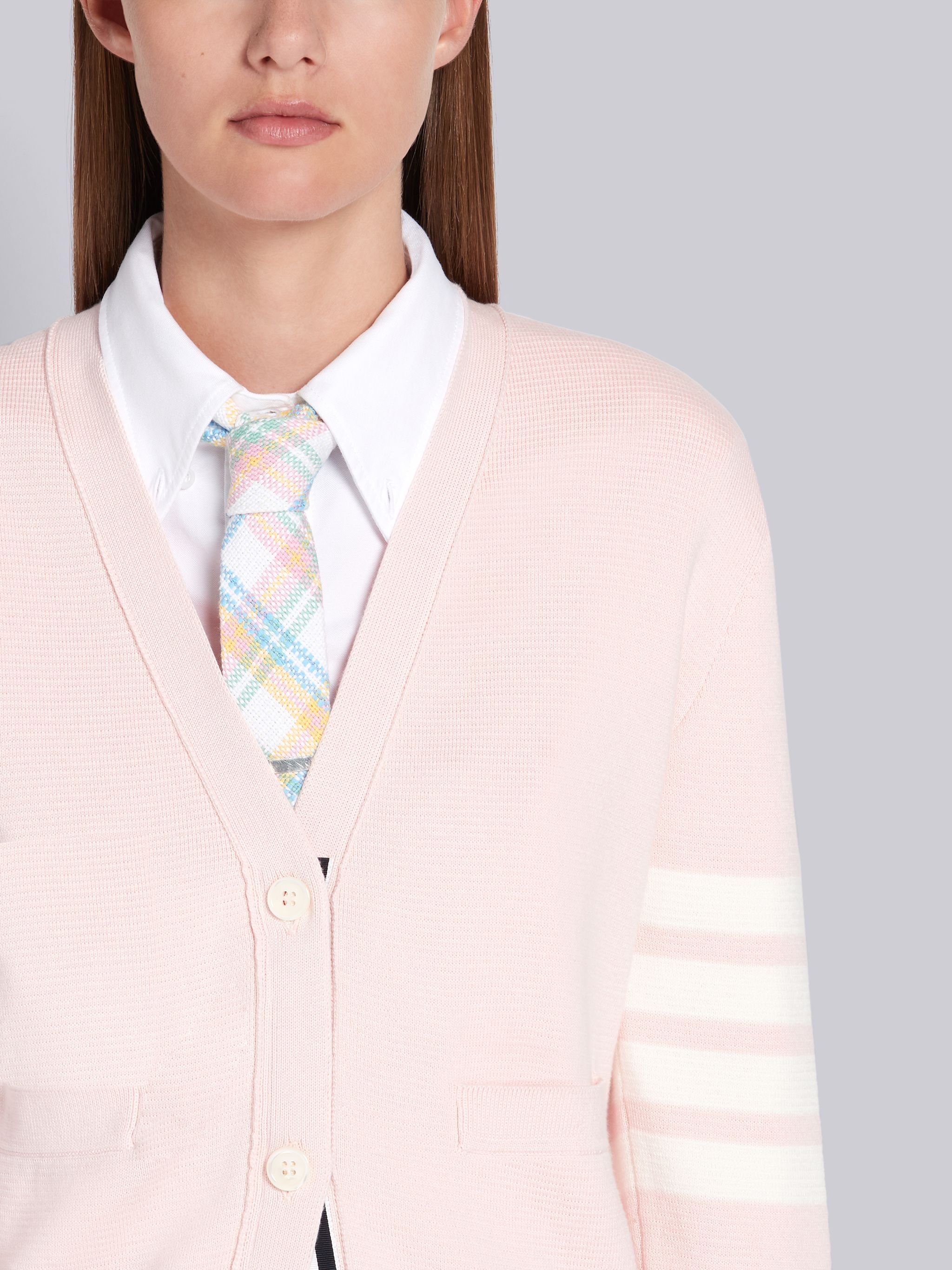 Pink Cotton Crepe V-Neck 4-Bar Cardigan - 5