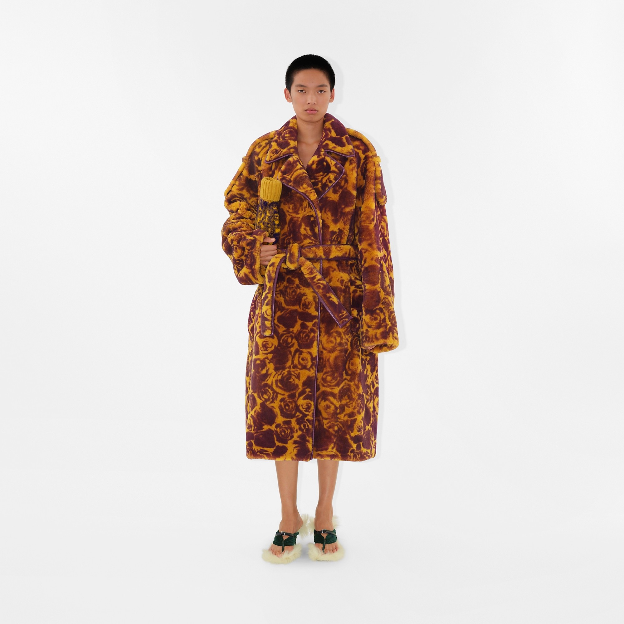 Rose Print Shearling Trench Coat - 2