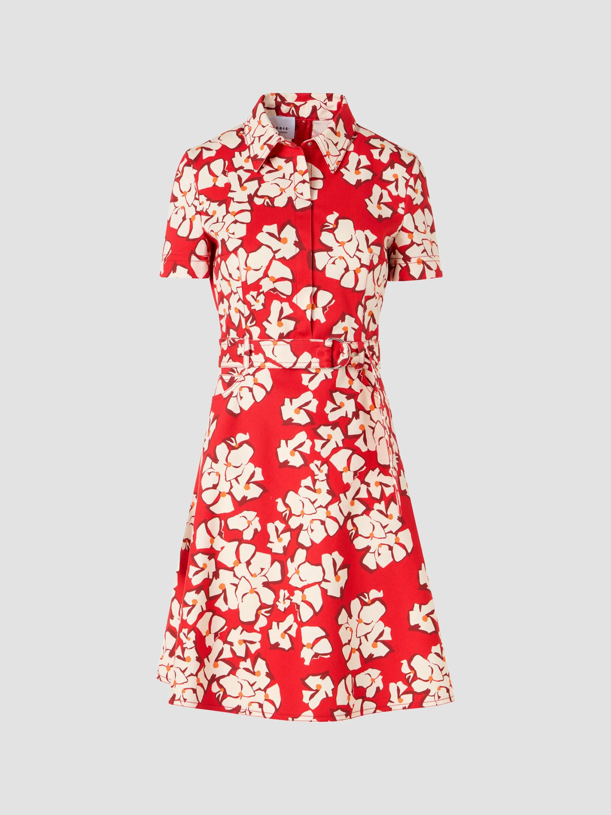 Women's Paper-Cut Flower Print Cotton Mini Shirtdress - Red Cream - 1