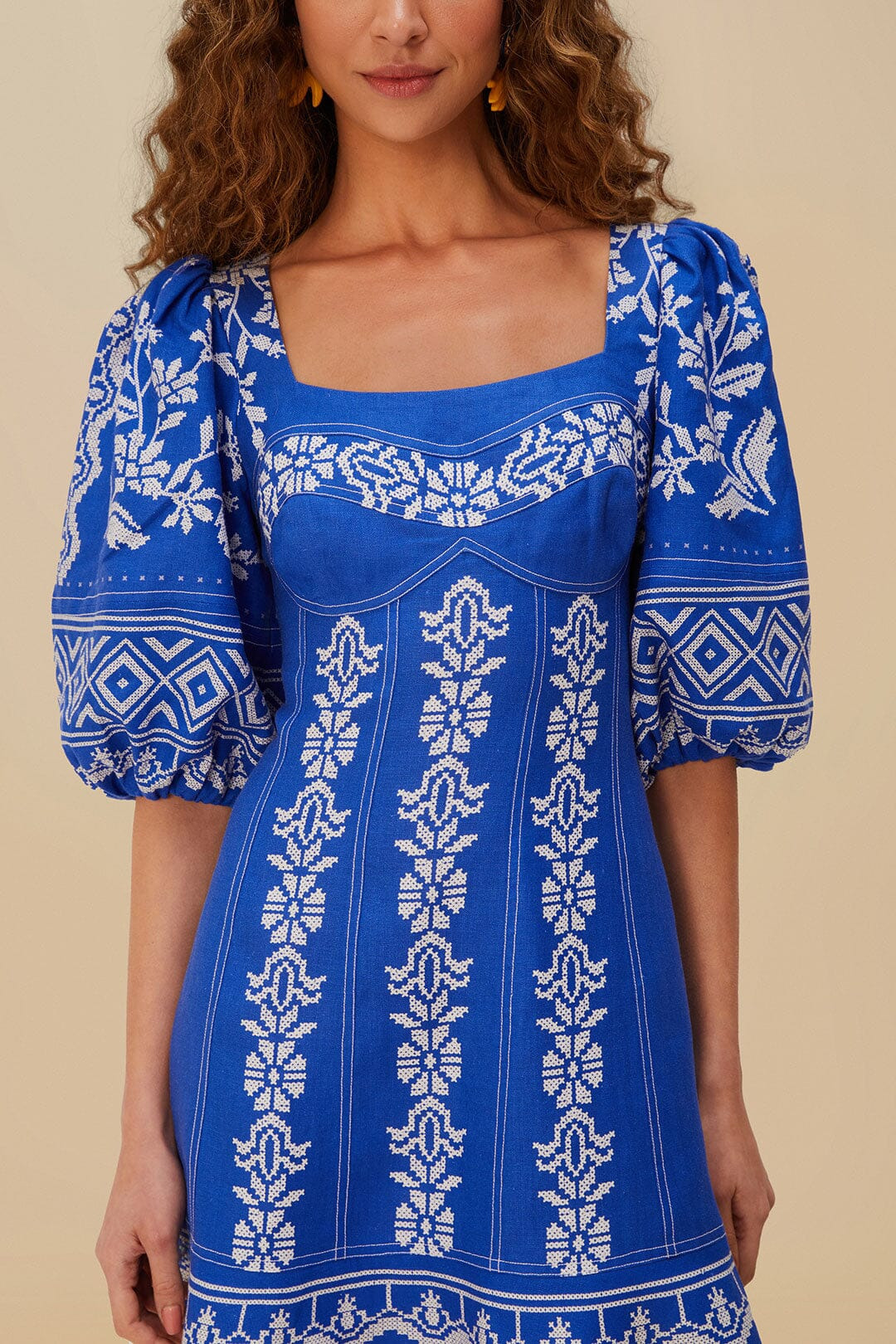 Blue Tropical Cross Stitch Euroflax™ Premium Linen Mini Dress - 2