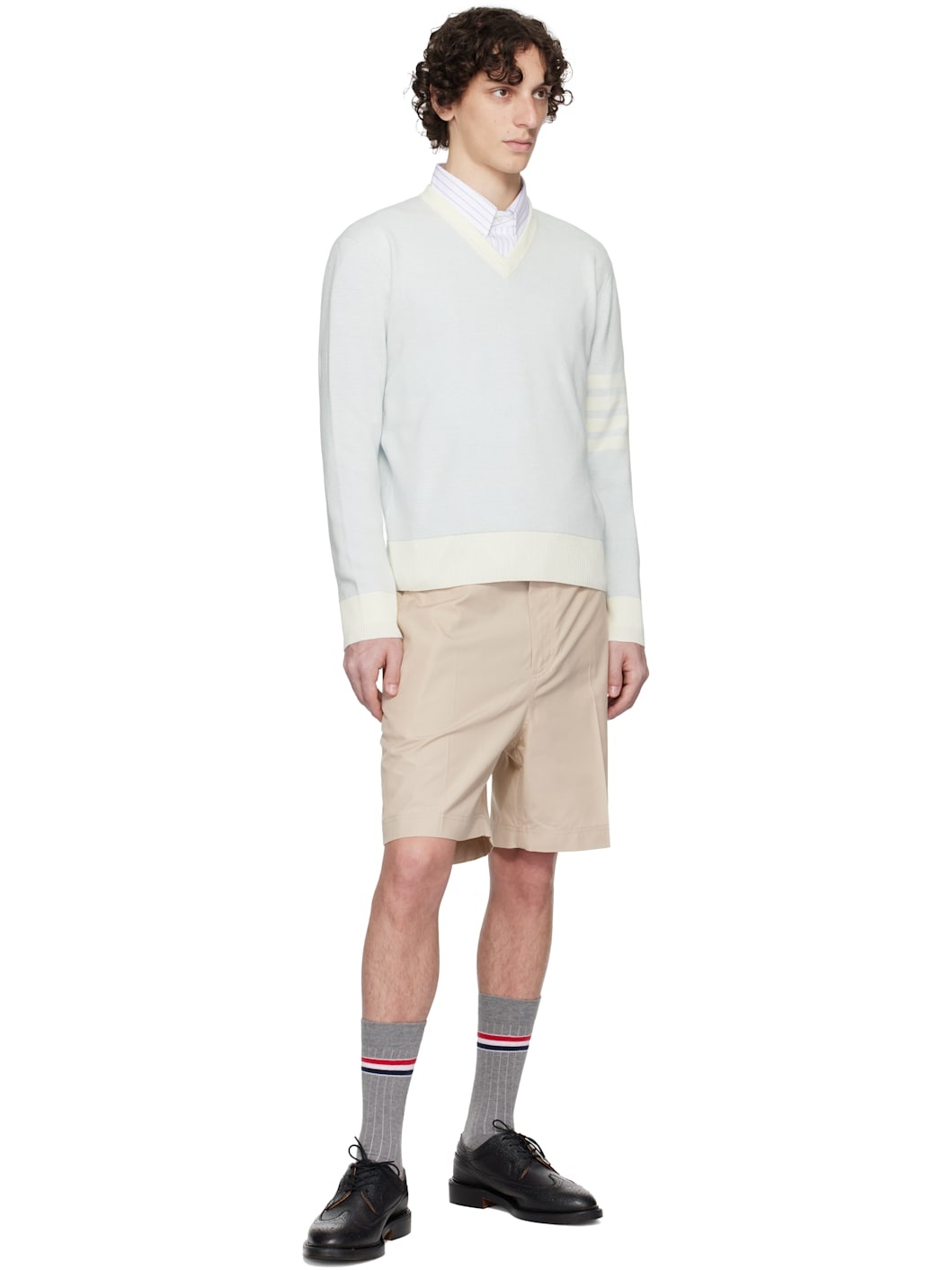 Blue Textured Striped Stitch 4-Bar Relaxed Sweater - 4