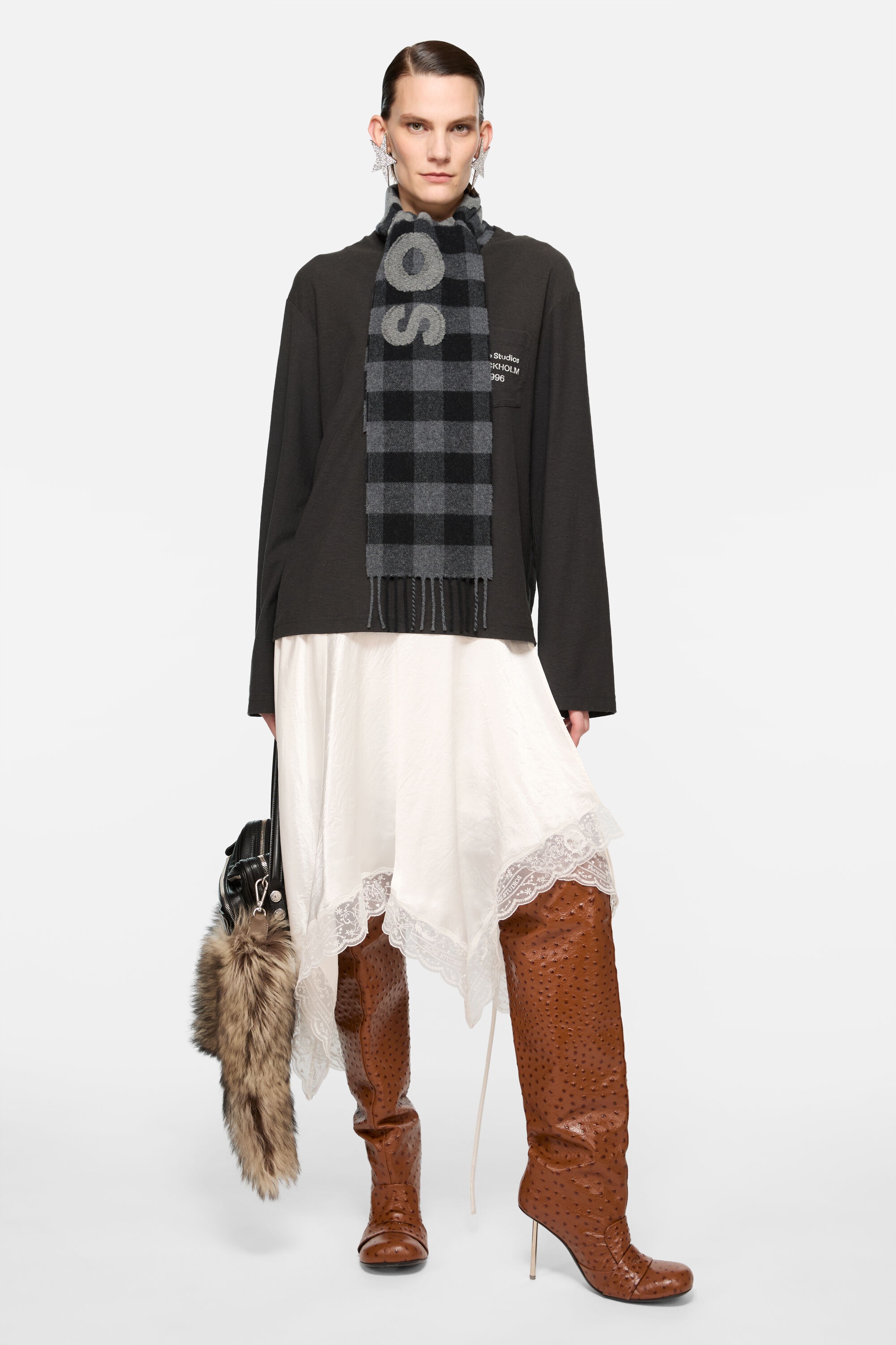 Check logo scarf - Narrow - Black/grey - 2