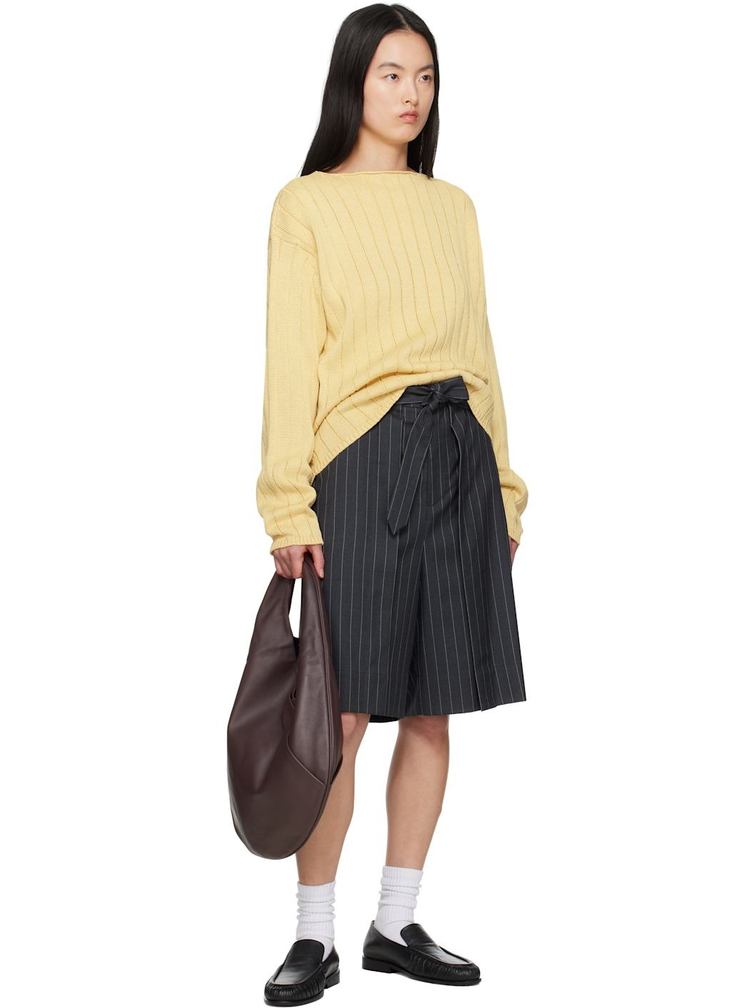 Yellow Flat Cord Yarn Boat Neck Sweater - 4