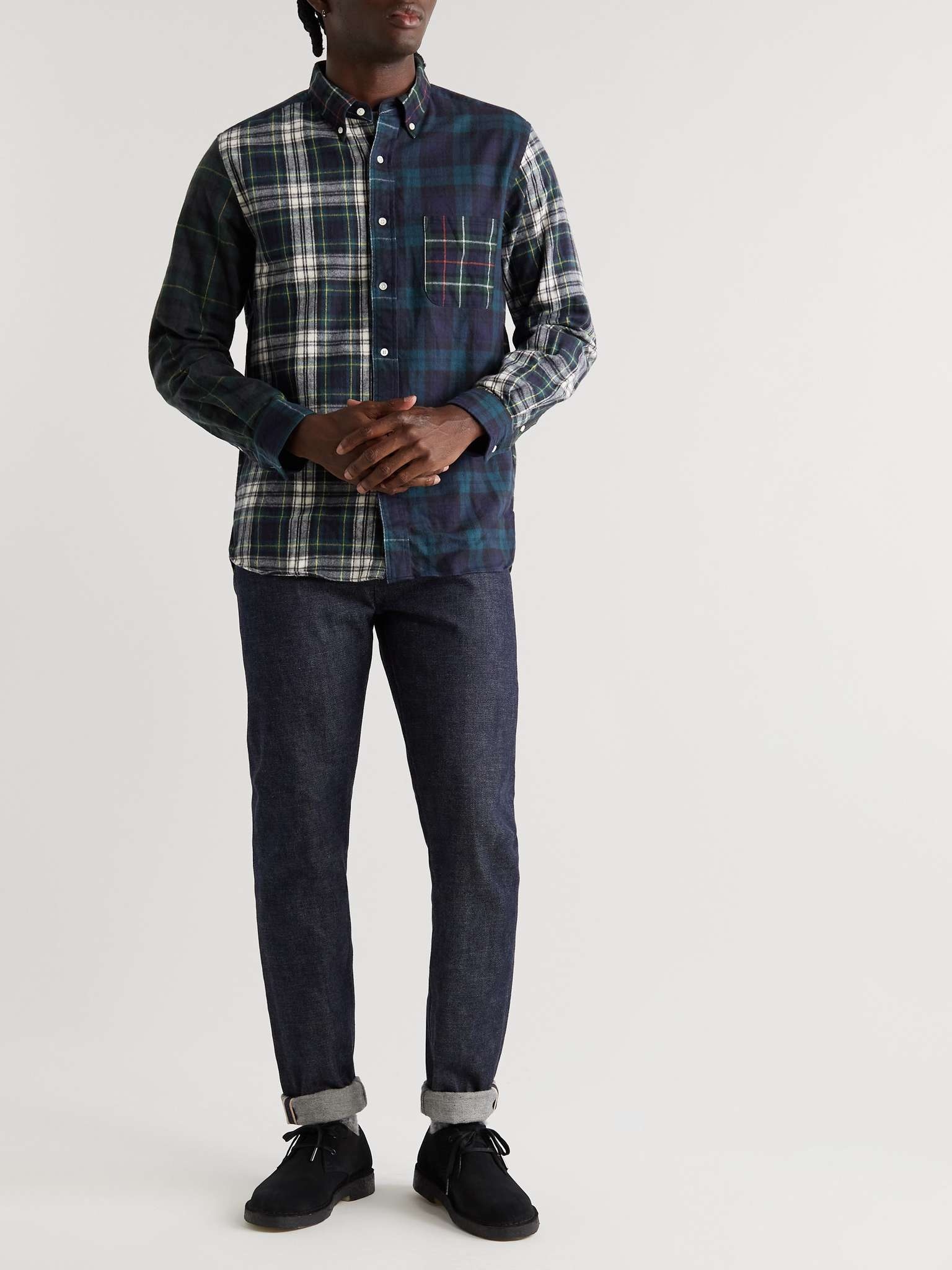 Button-Down Collar Panelled Checked Cotton-Flannel Shirt - 2