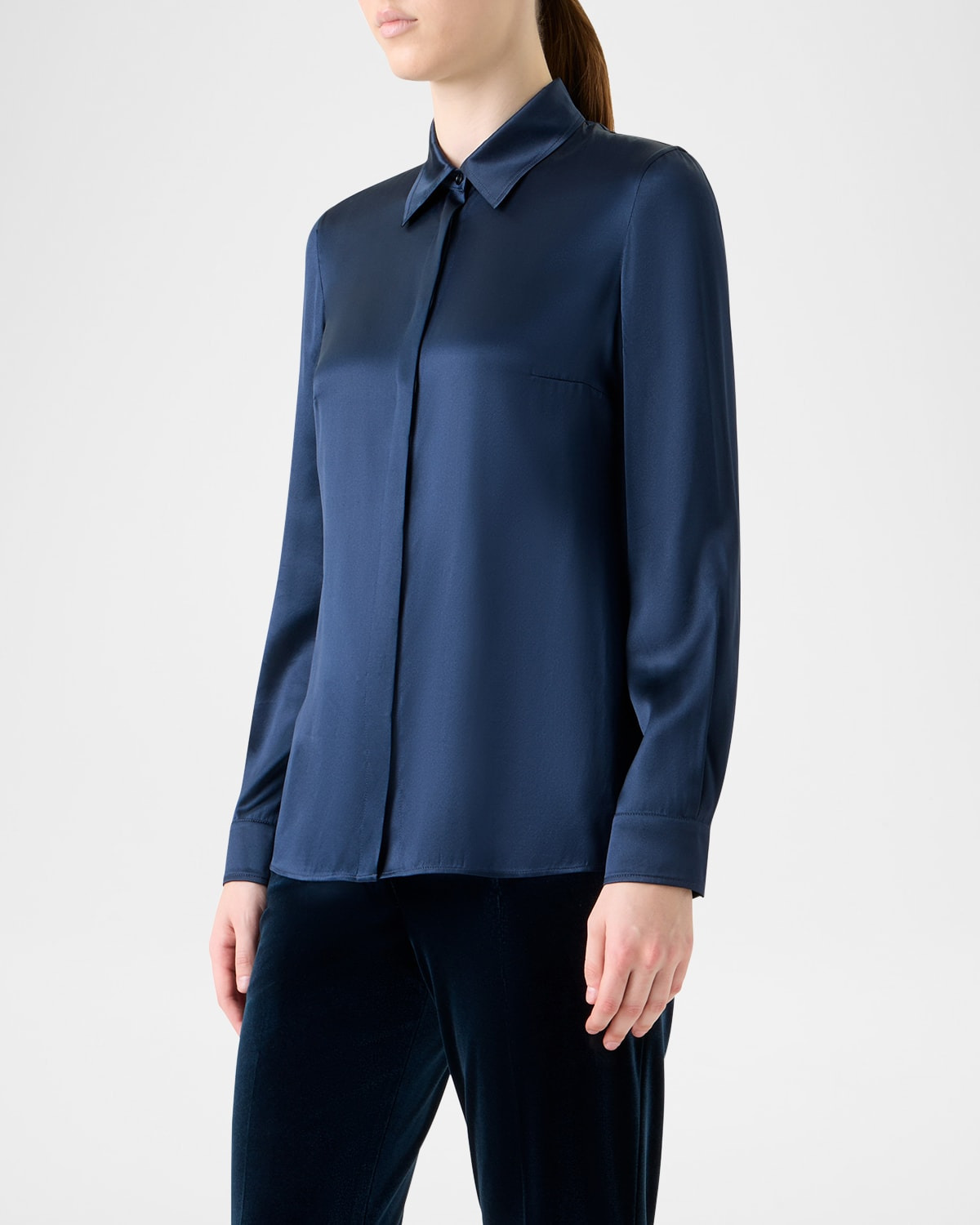 Stretch Silk Satin Button-Down Blouse - 4