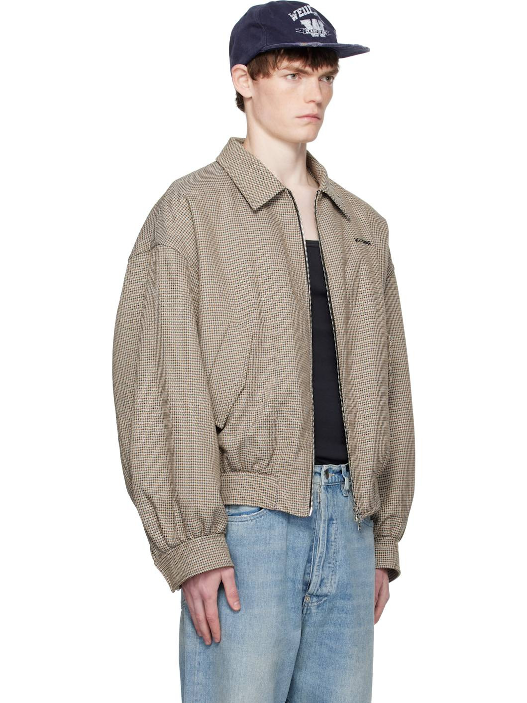 Beige Checkered Bomber Jacket - 2