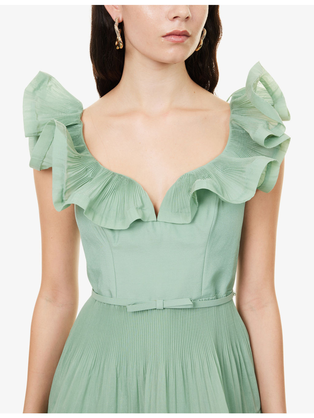 Pleated Frilled Woven Mini Dress - 5