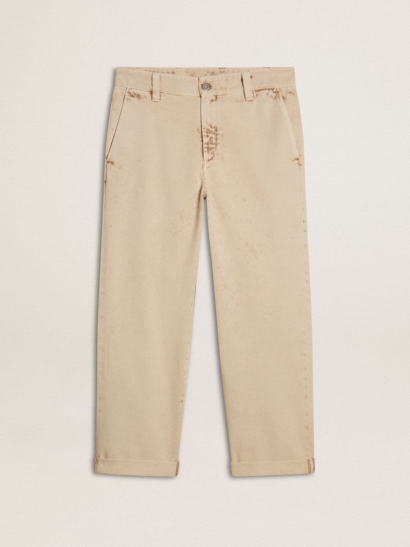 Men's beige chinos with a lived-in look finish 1