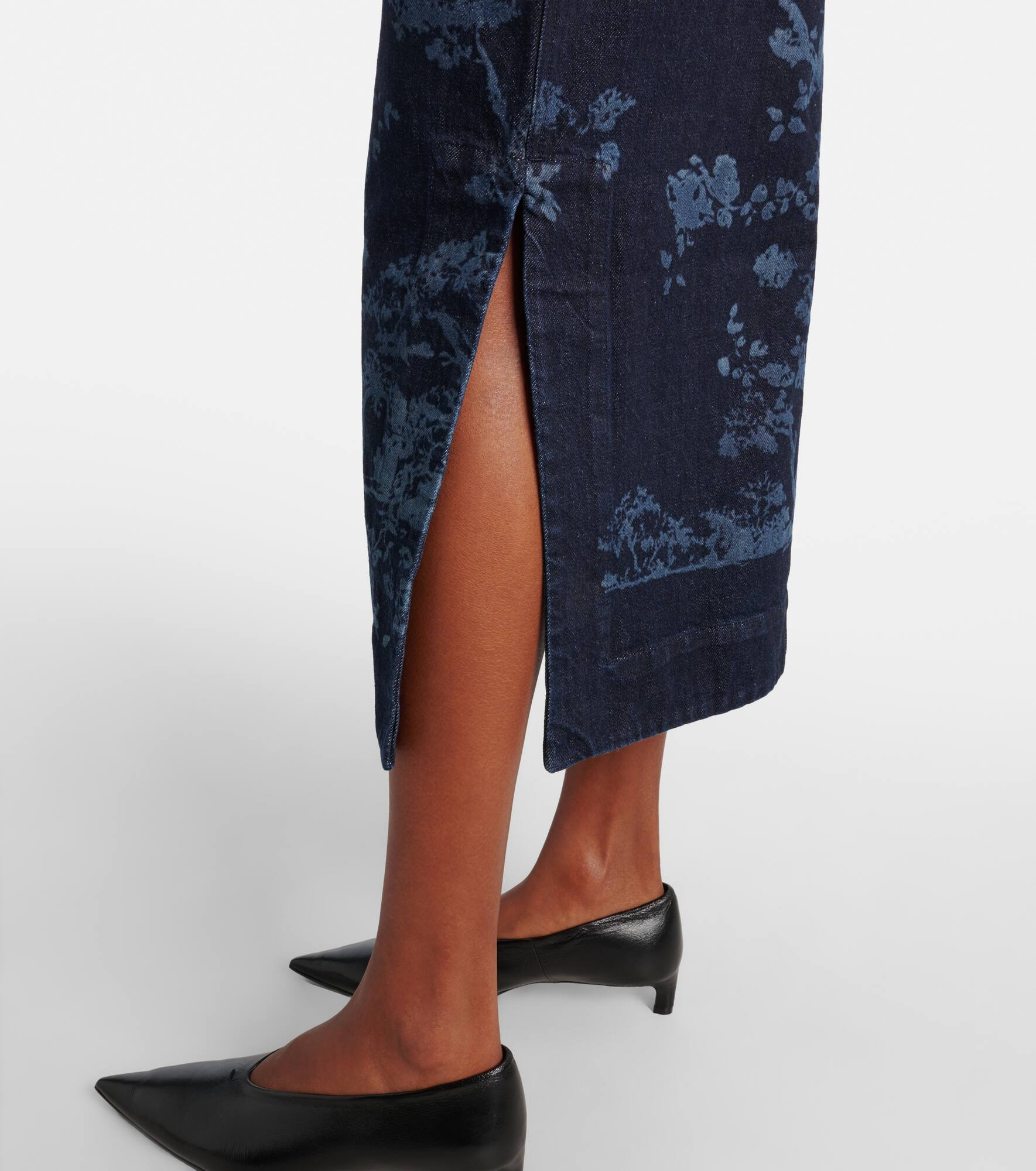 Embroidered cotton denim pencil dress - 6