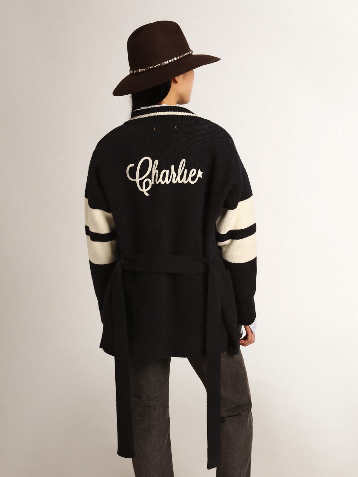 Women's blue cardigan with belt at the waist and lettering on the back - 5