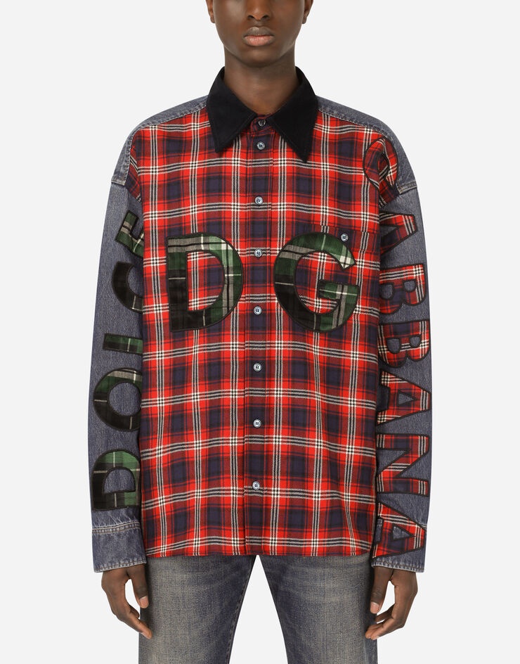 Tartan wool and denim shirt with DG patch - 1