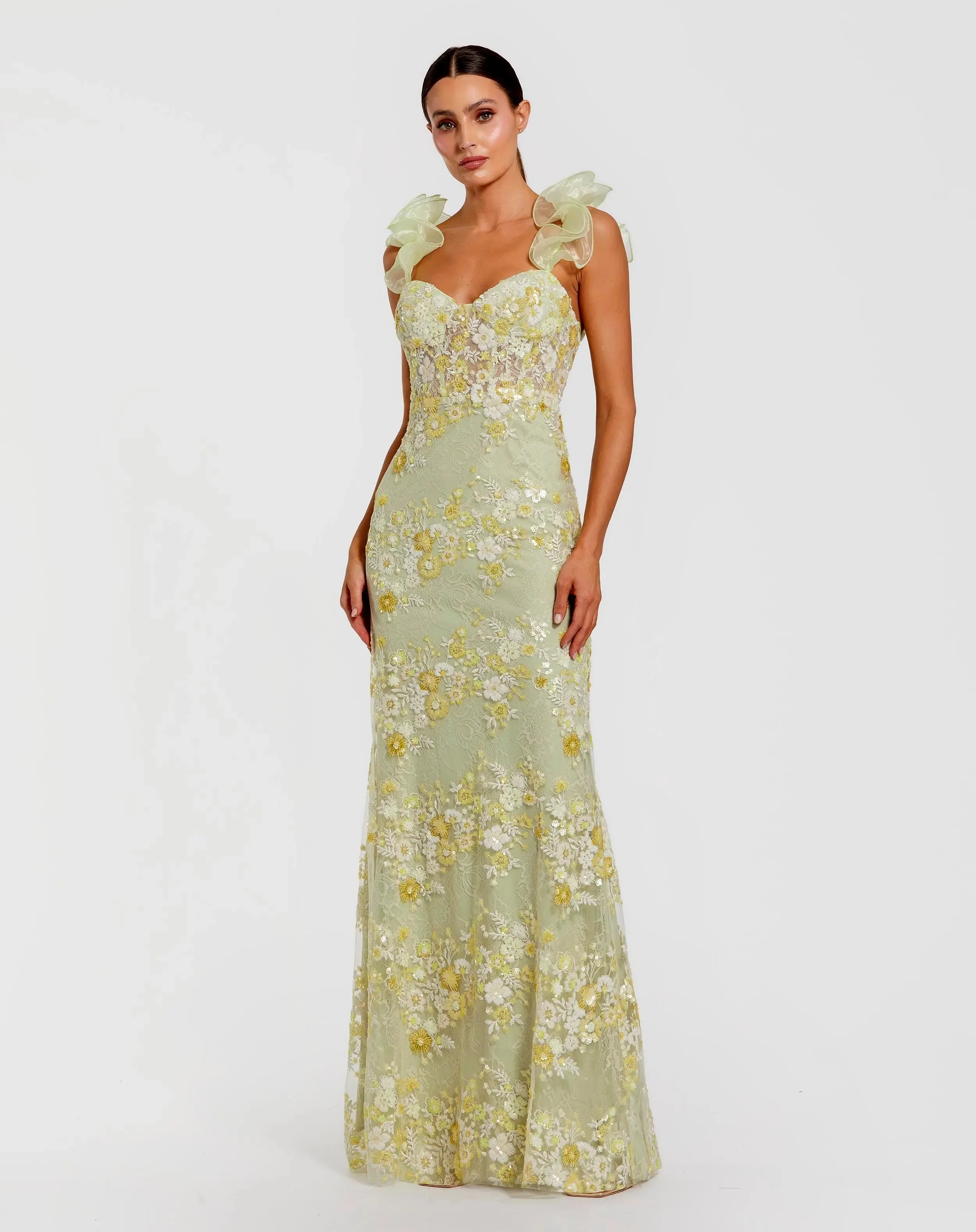 Green Embroidered Lace Floral Gown with Ruffle Straps - 1