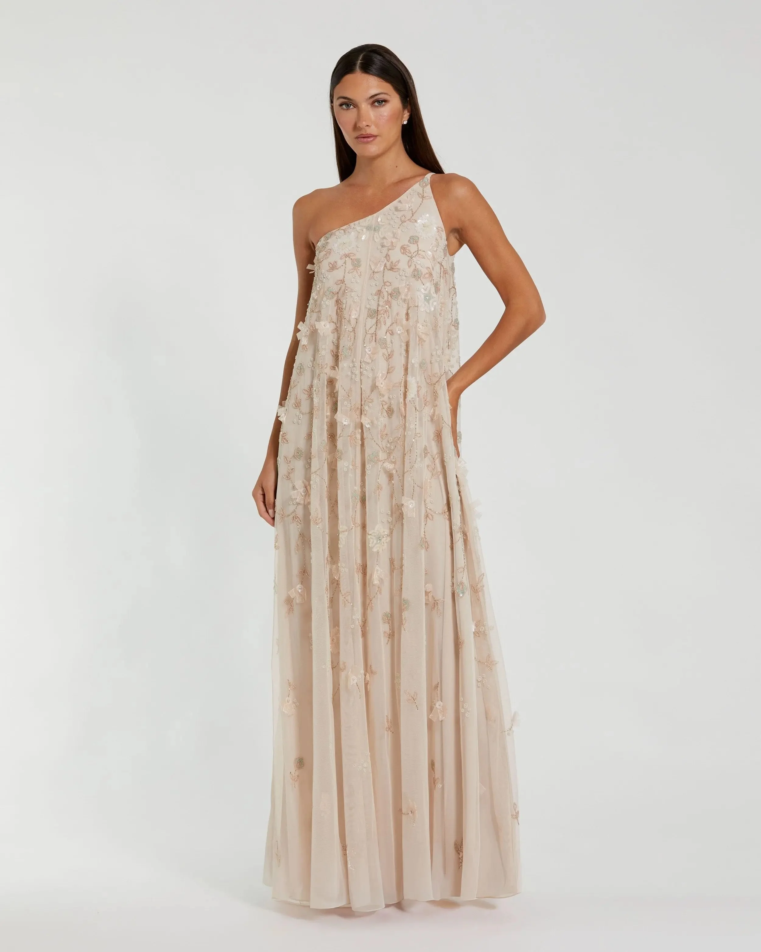 Vanilla One Shoulder Floral Embellished Trapeze Gown - 1