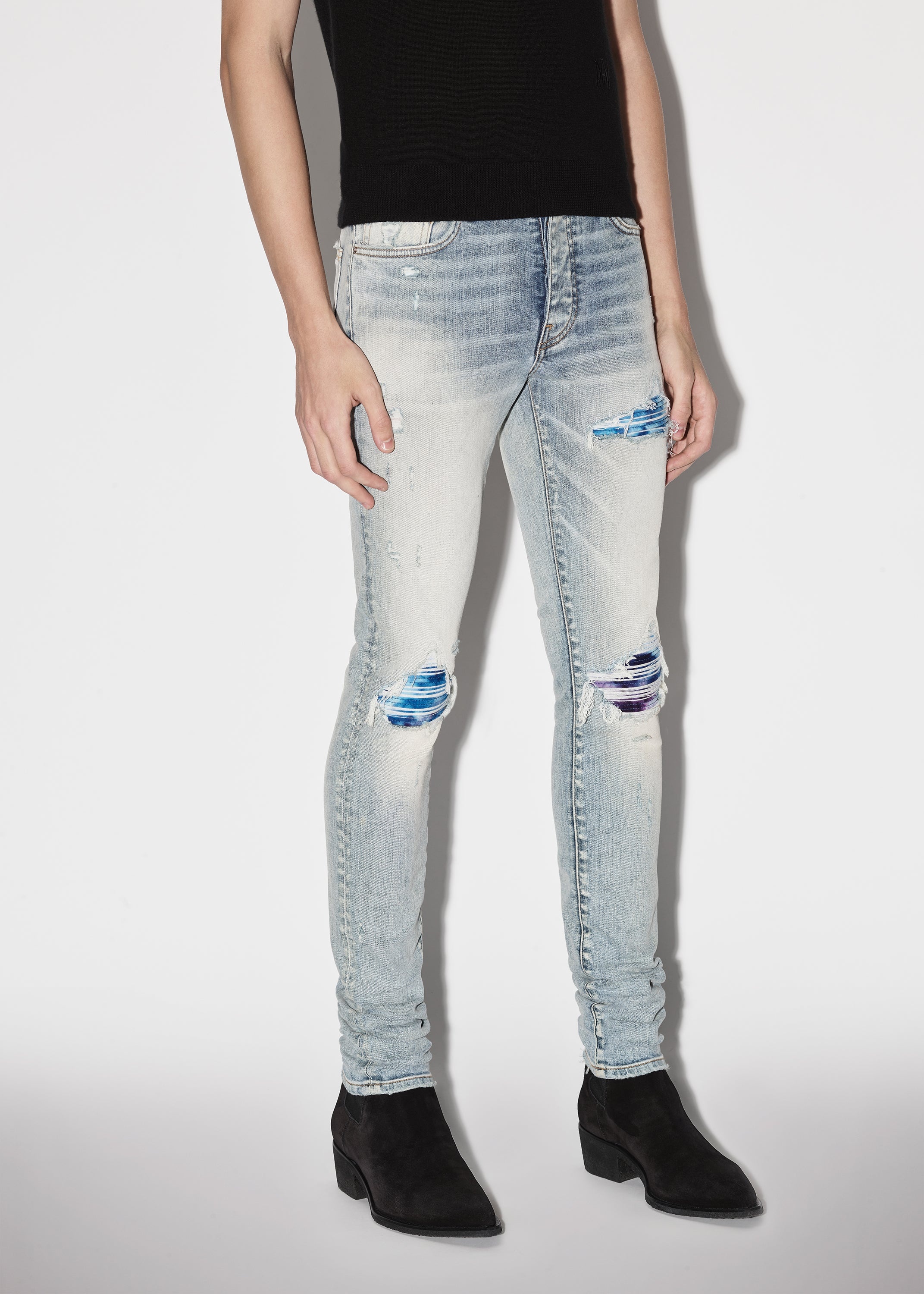 Amiri Tie Dye Core Logo Skinny Jean in Stone Indigo | FWRD