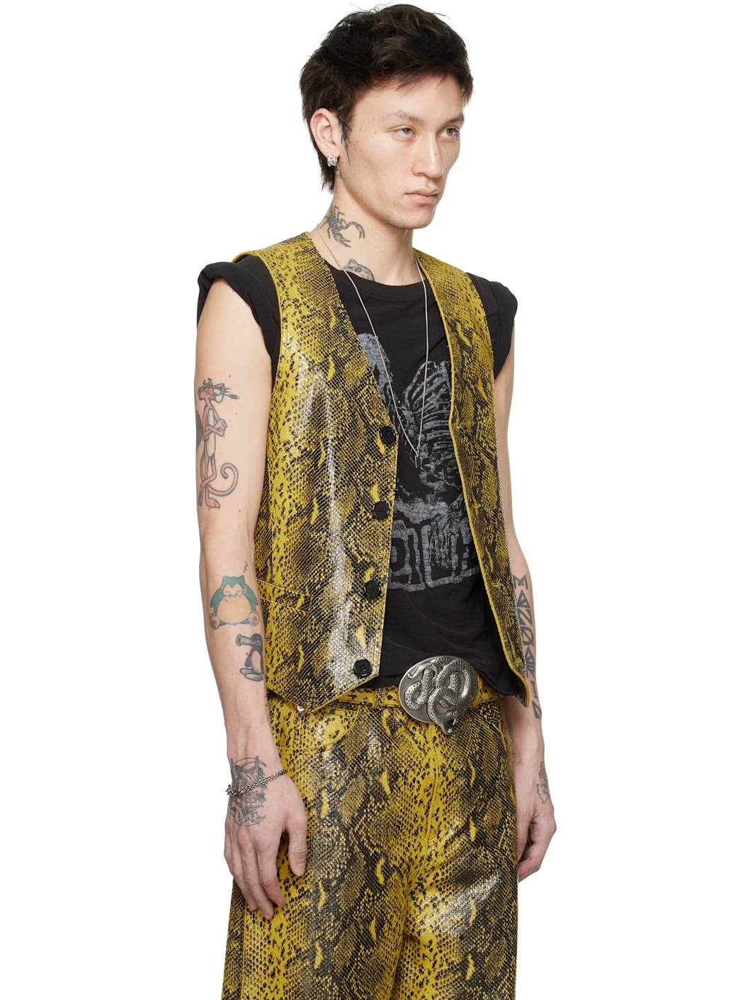 Black & Yellow 'Year of the Snake' Embossed Leather Vest - 2